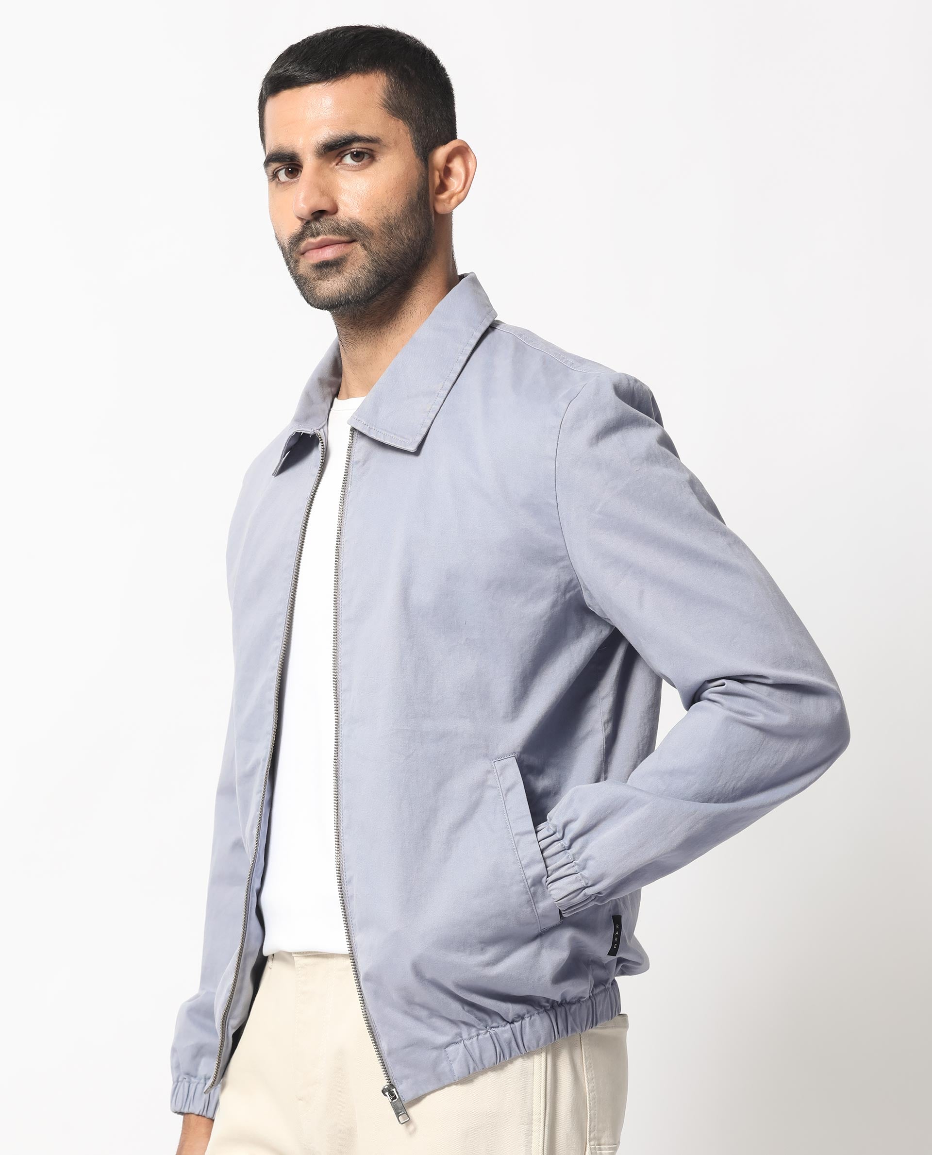 Rare Rabbit Men's Flinsten Dusky Blue Plain Regular Collar Twill Jacket