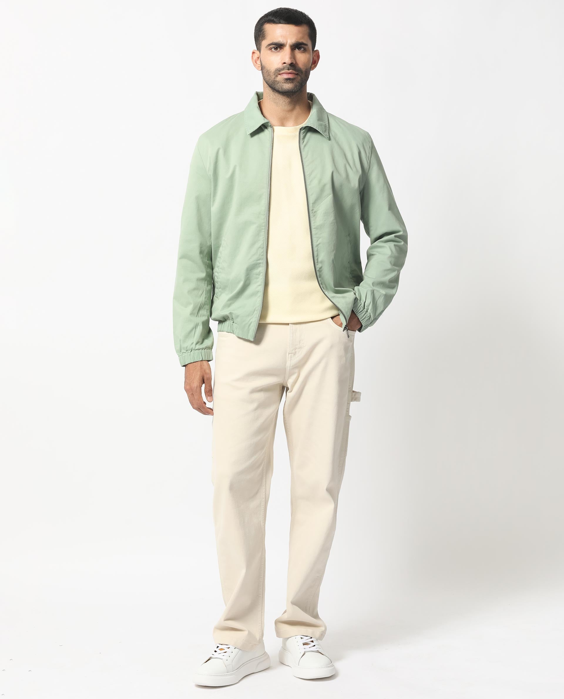 Rare Rabbit Men's Flinsten Dusky Green Plain Broad Collar Twill Jacket