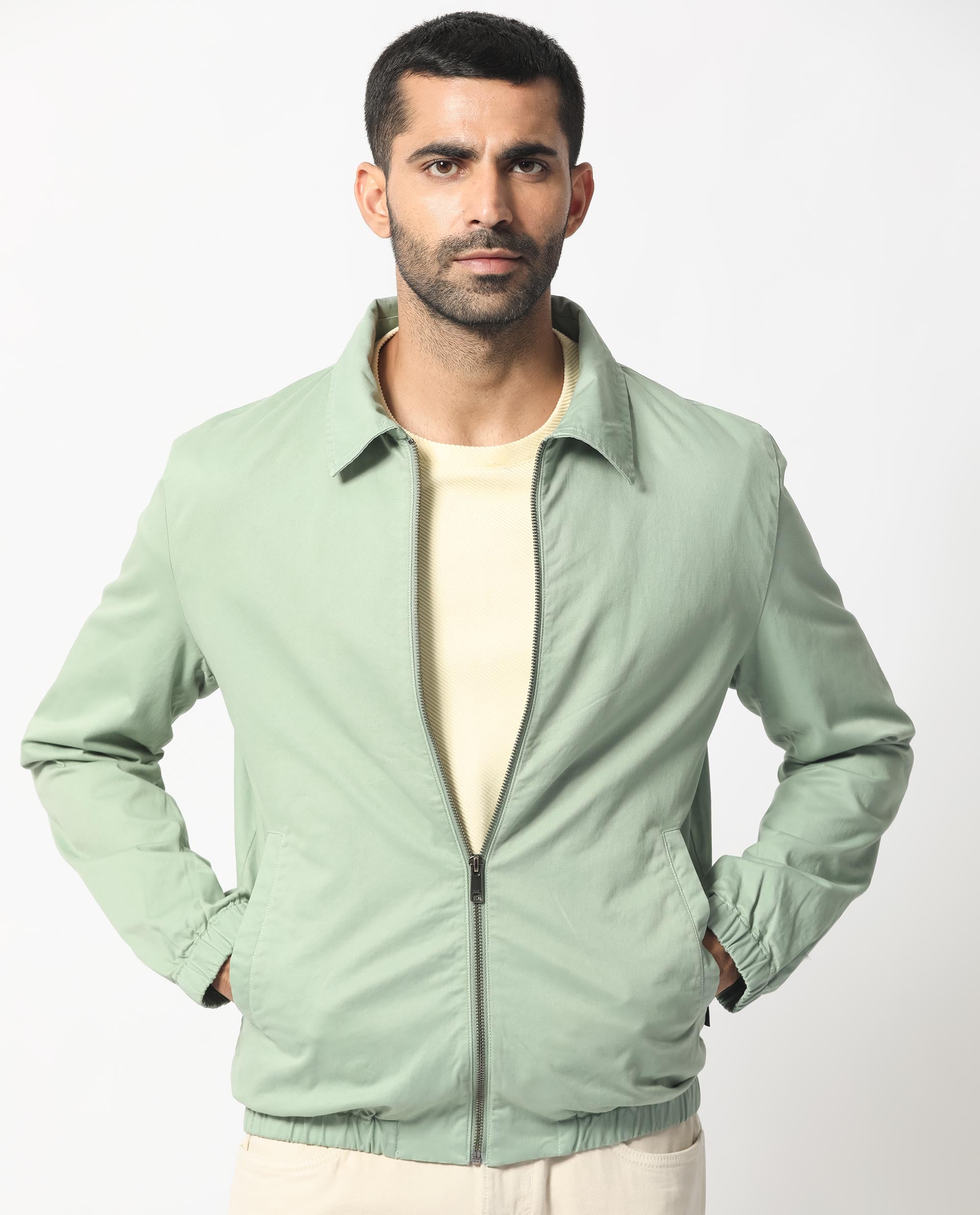 Rare Rabbit Men's Flinsten Dusky Green Plain Broad Collar Twill Jacket