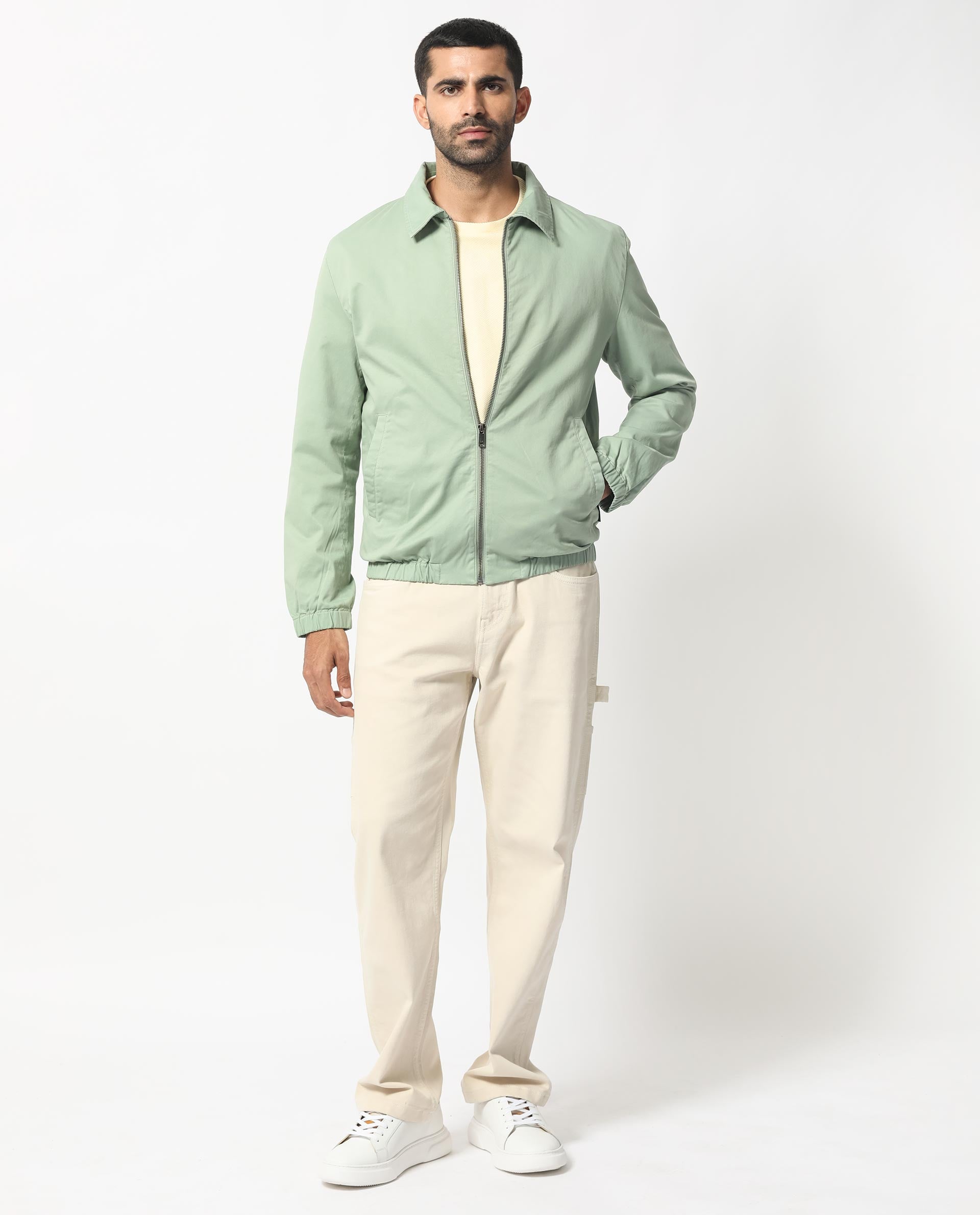 Rare Rabbit Men's Flinsten Dusky Green Plain Broad Collar Twill Jacket