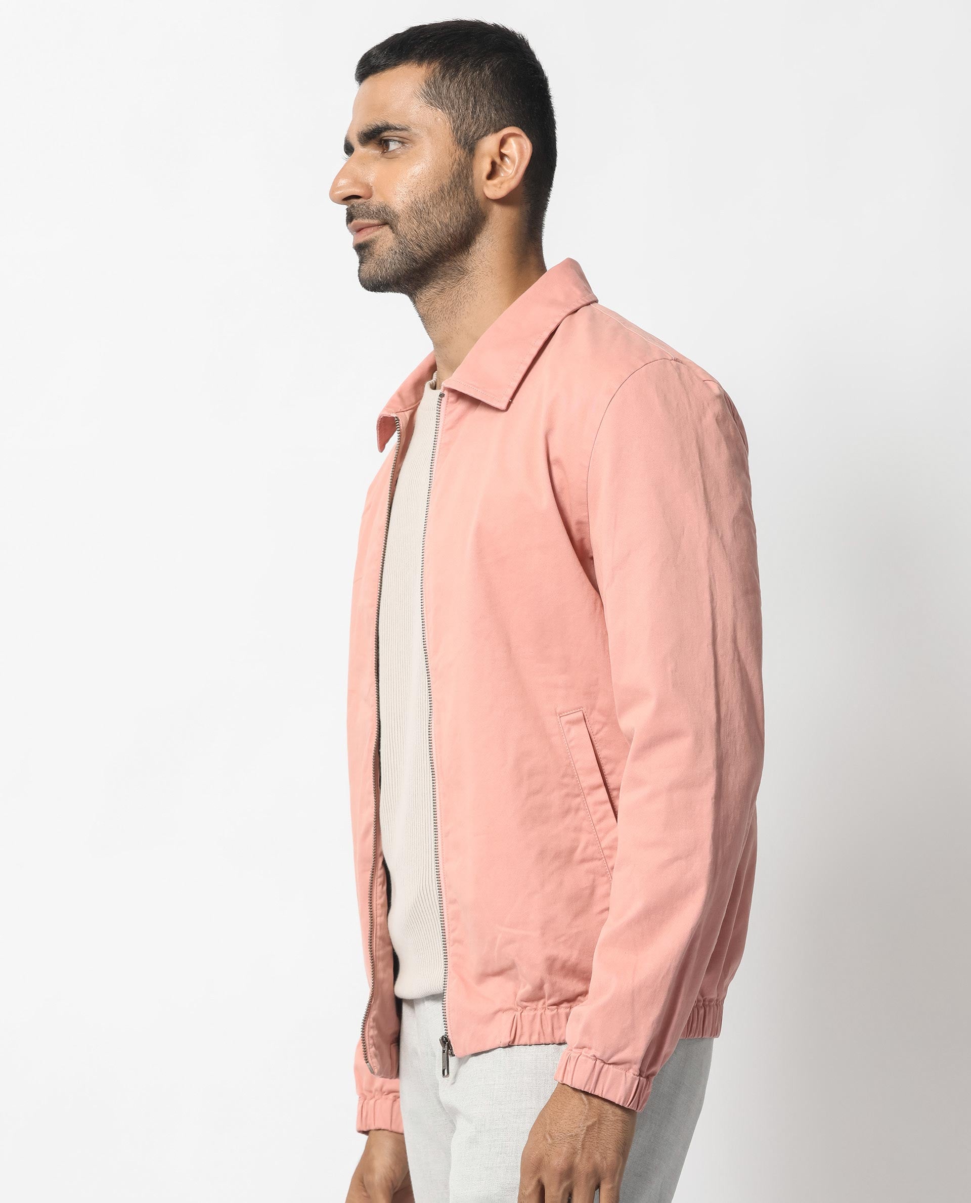 Rare Rabbit Men's Flinsten Dusky Pink Plain Broad Collar Twill Jacket