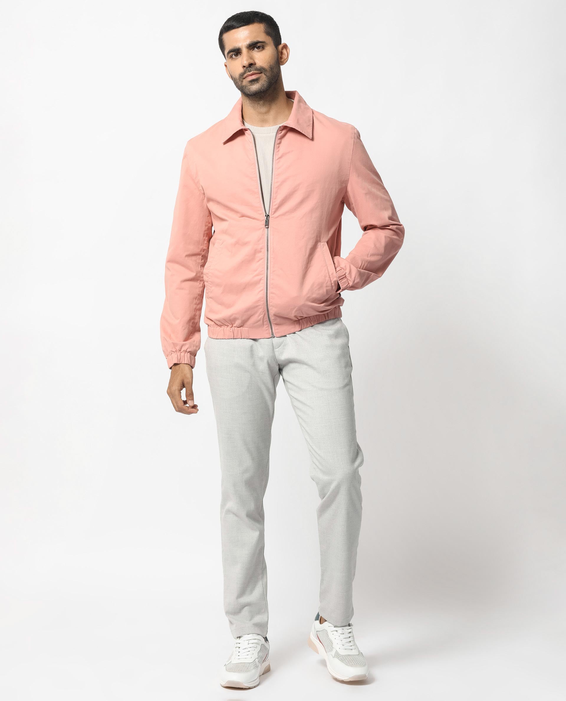 Rare Rabbit Men's Flinsten Dusky Pink Plain Broad Collar Twill Jacket
