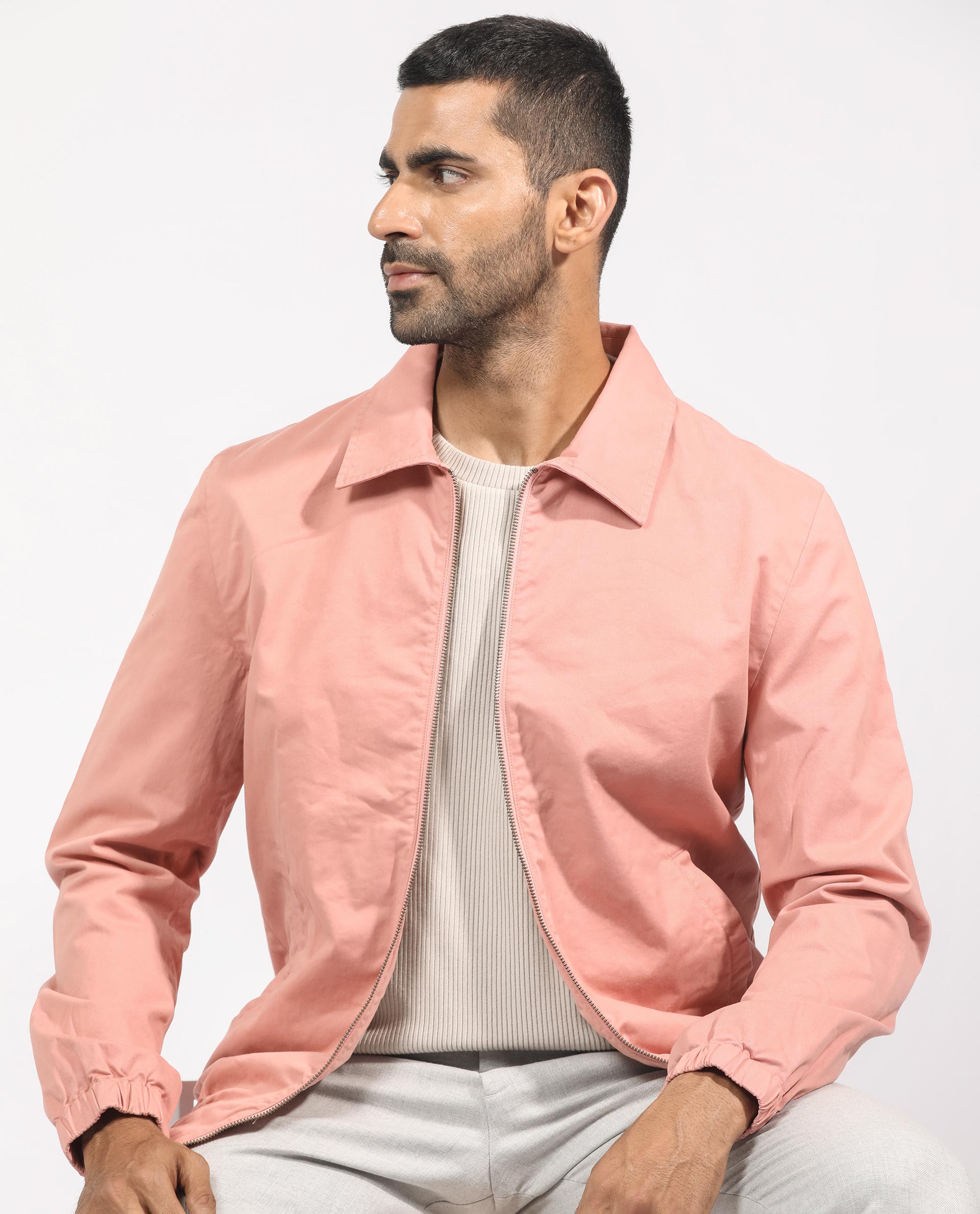 Rare Rabbit Men's Flinsten Dusky Pink Plain Broad Collar Twill Jacket