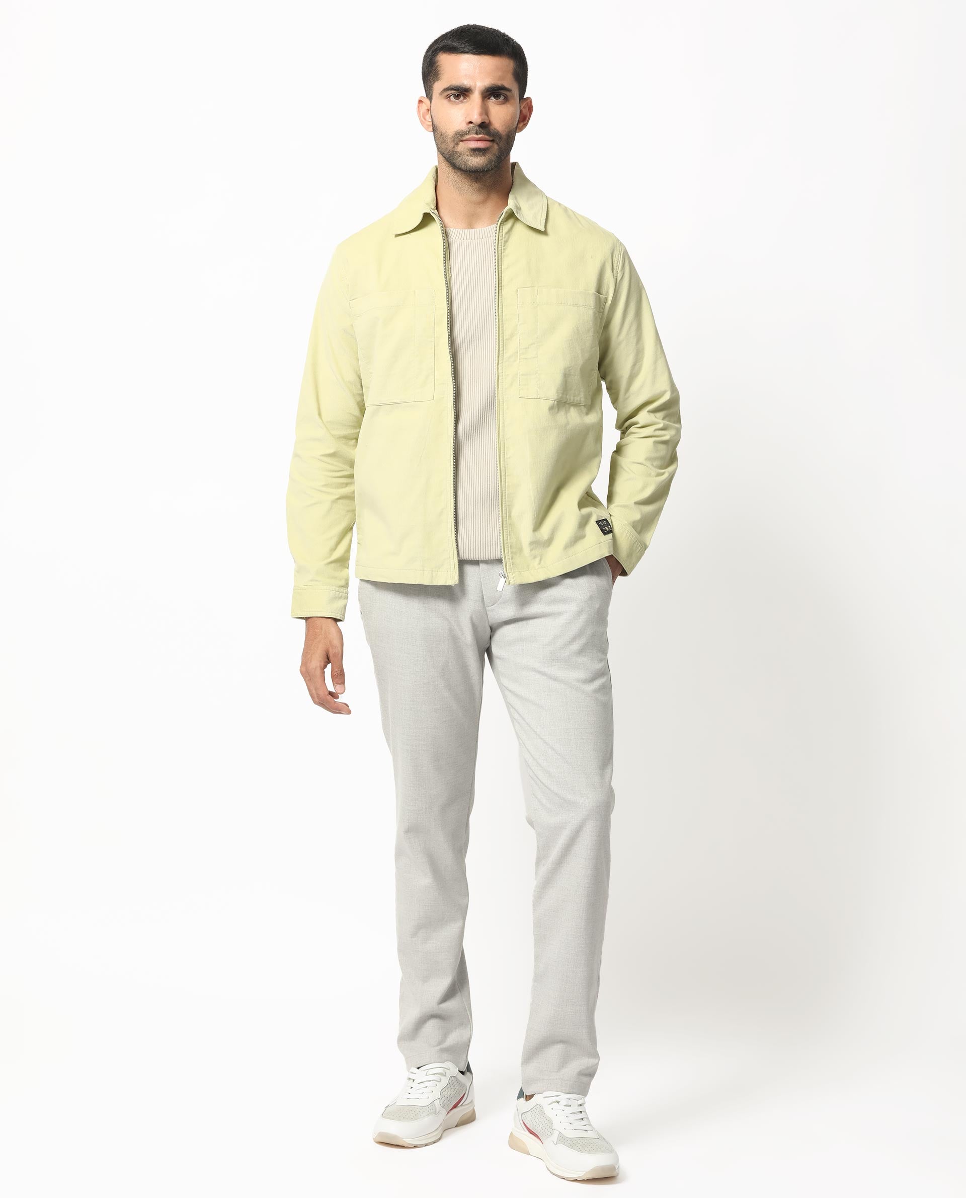 Rare Rabbit Men's Jilin Pastel Green Cotton Fabric Full Sleeves Zip Closure Solid Twill Shacket