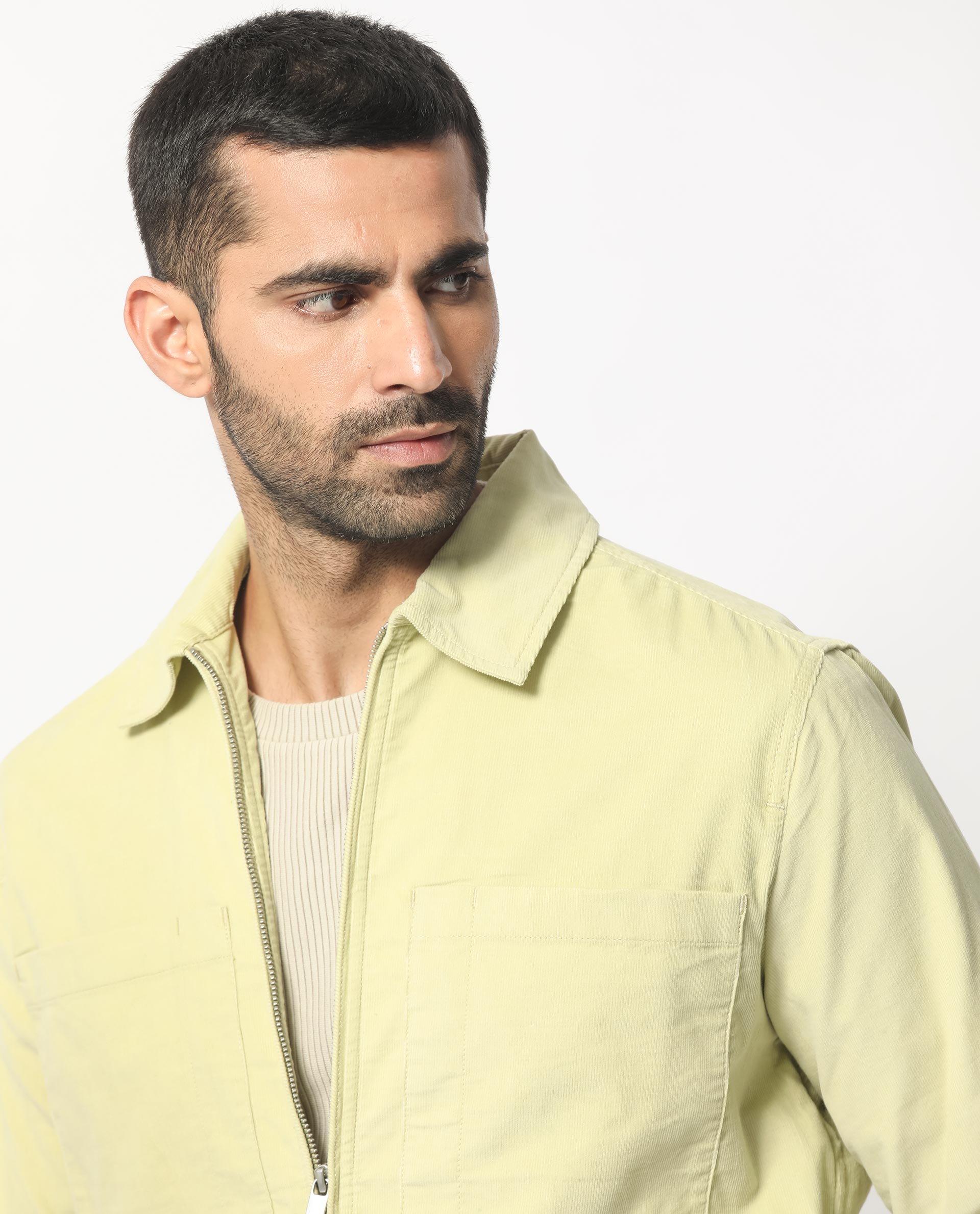 Rare Rabbit Men's Jilin Pastel Green Cotton Fabric Full Sleeves Zip Closure Solid Twill Shacket