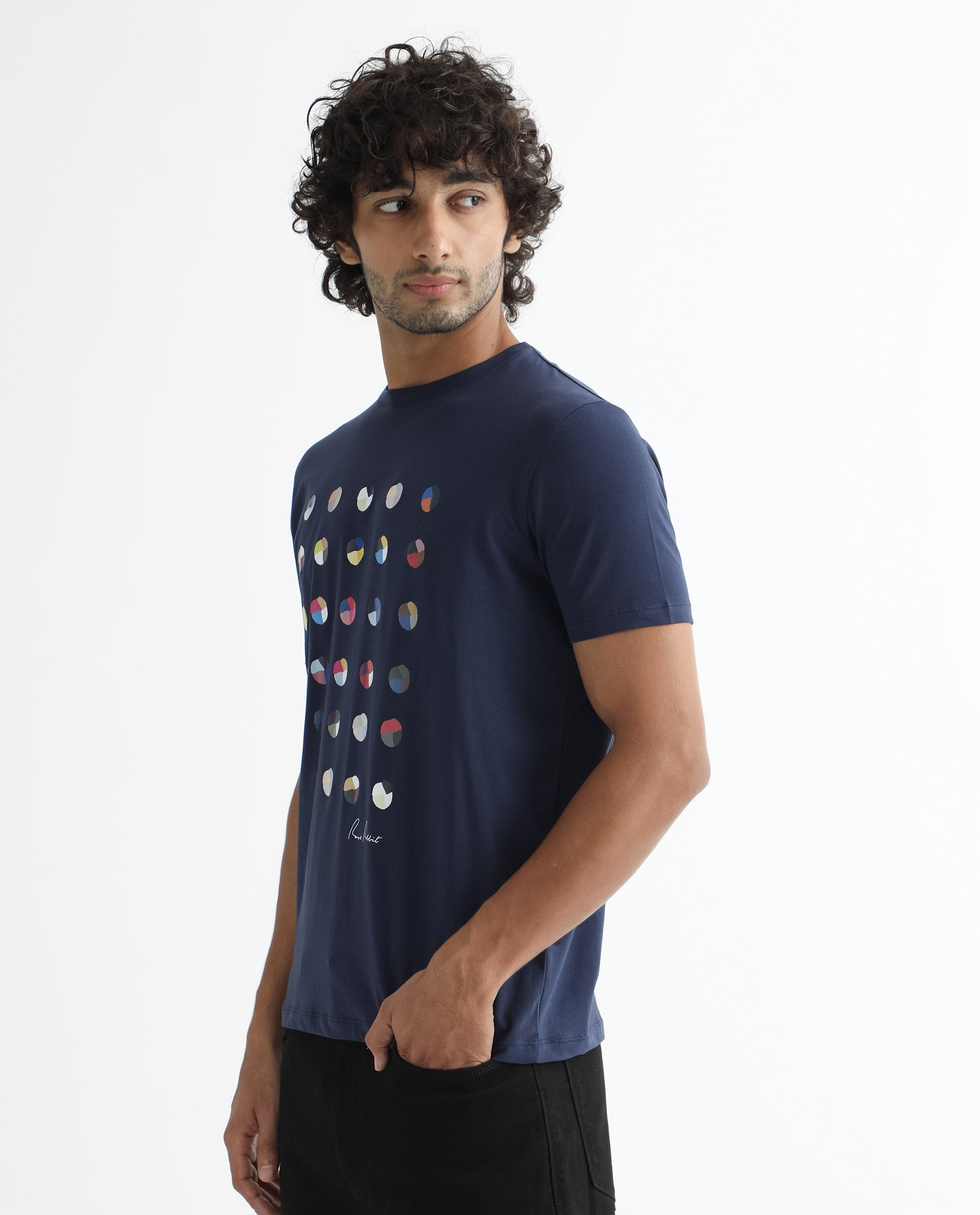 Rare Rabbit Men's Flipp Navy Crew Neck Abstract Polka Print Half Sleeves Slim Fit T-Shirt
