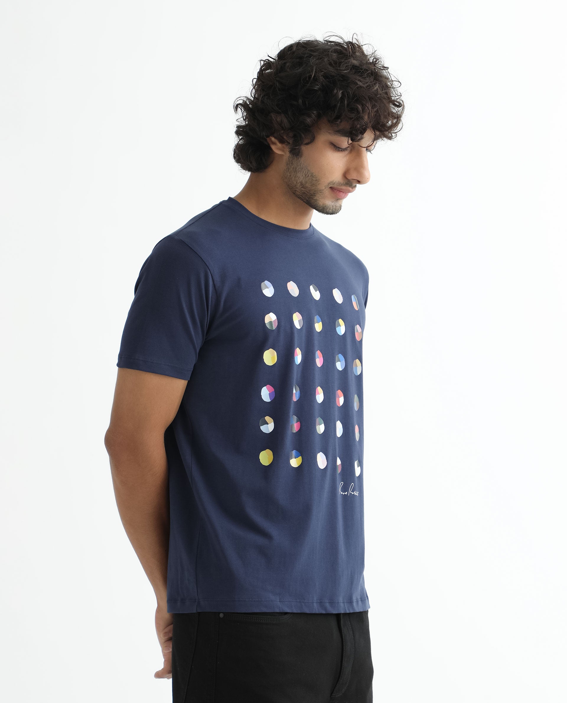 Rare Rabbit Men's Flipp Navy Crew Neck Abstract Polka Print Half Sleeves Slim Fit T-Shirt