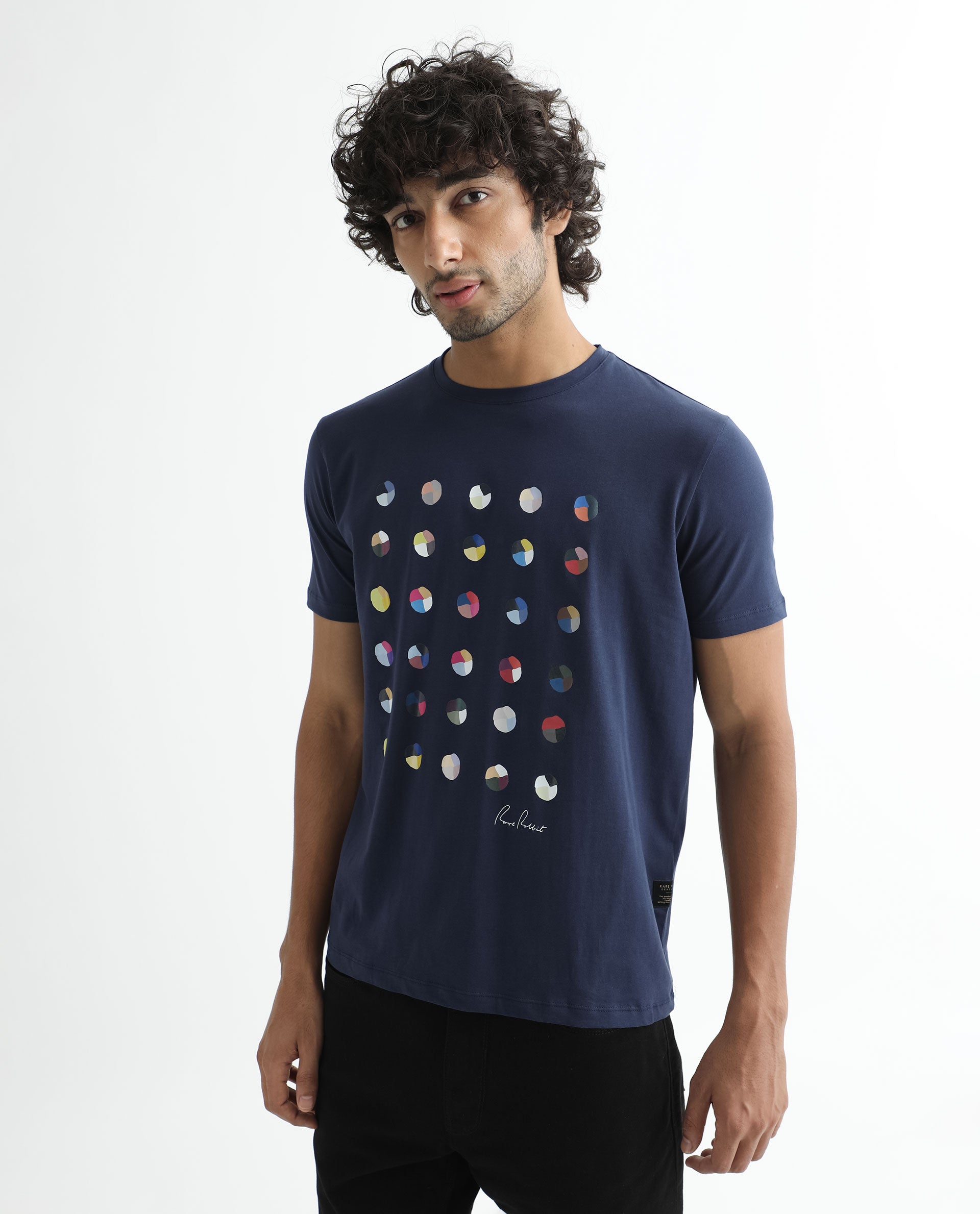 Rare Rabbit Men's Flipp Navy Crew Neck Abstract Polka Print Half Sleeves Slim Fit T-Shirt