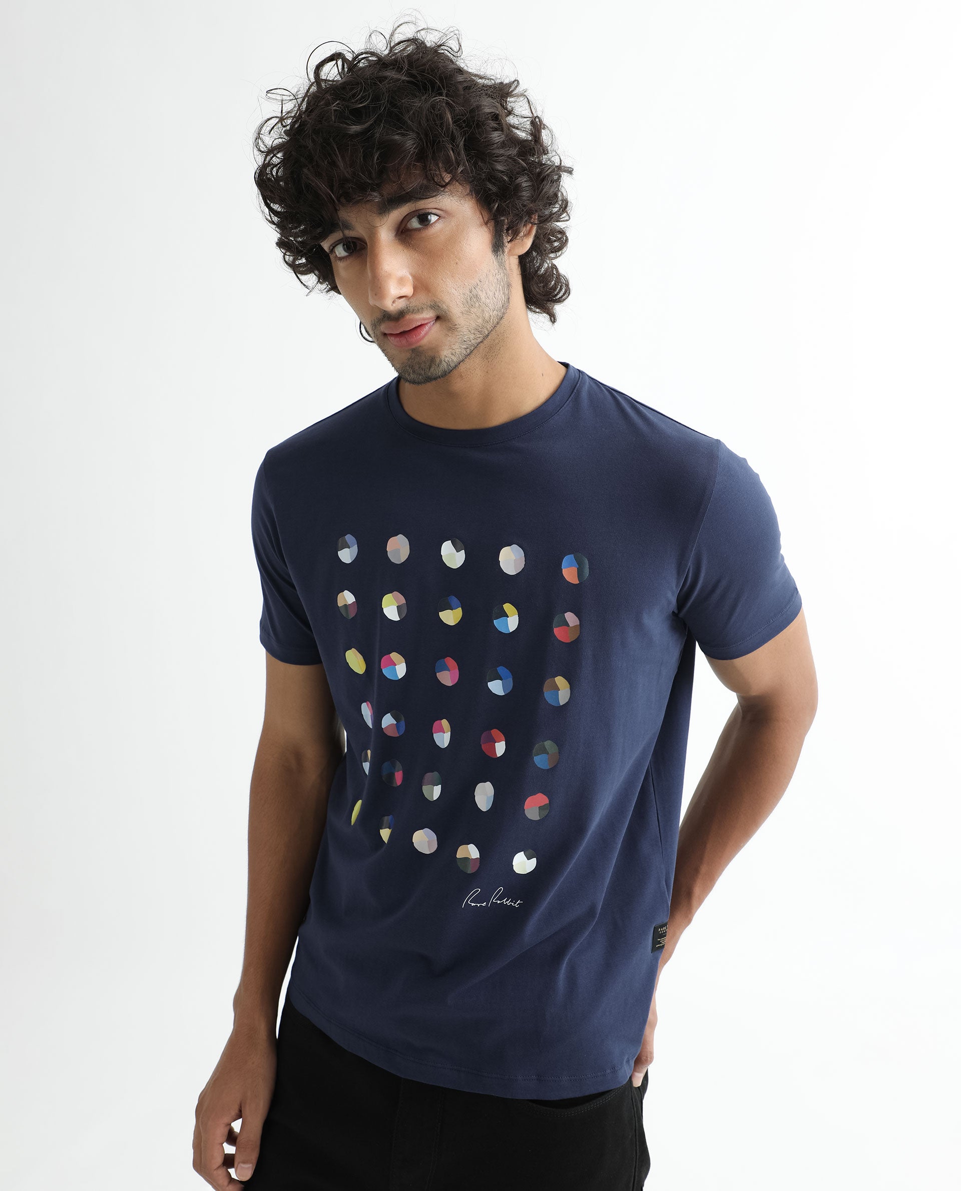 Rare Rabbit Men's Flipp Navy Crew Neck Abstract Polka Print Half Sleeves Slim Fit T-Shirt
