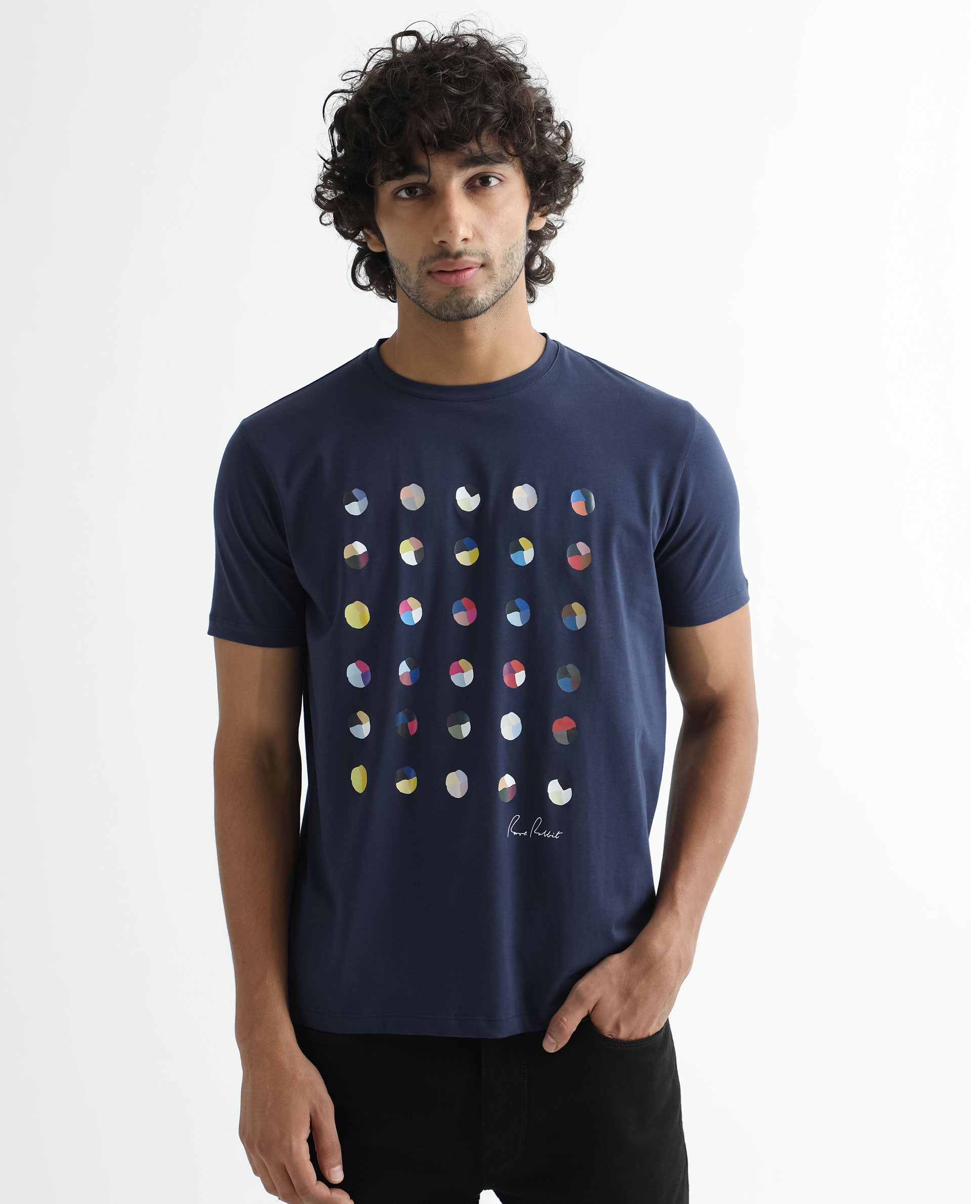 Rare Rabbit Men's Flipp Navy Crew Neck Abstract Polka Print Half Sleeves Slim Fit T-Shirt