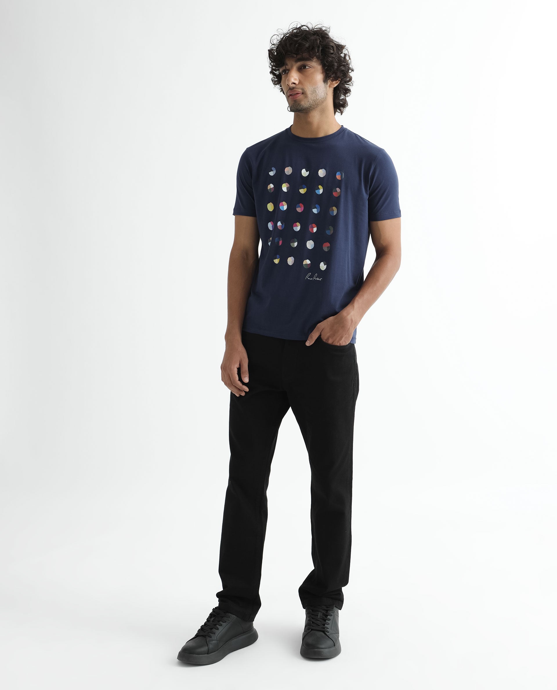Rare Rabbit Men's Flipp Navy Crew Neck Abstract Polka Print Half Sleeves Slim Fit T-Shirt