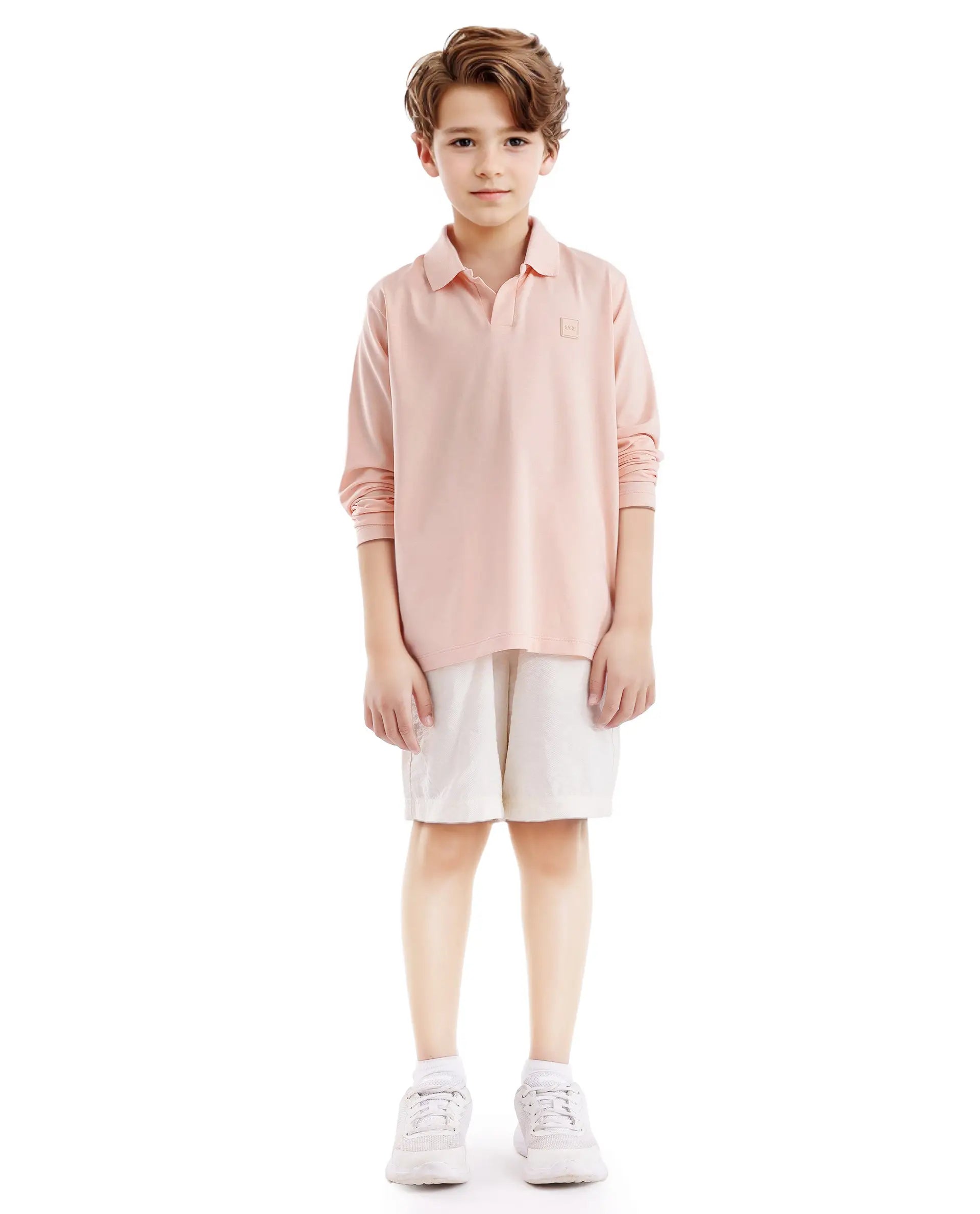 Rare Ones Kids Flit Light Peach Cotton Poly Full Sleeve Polo Neck Solid Polo