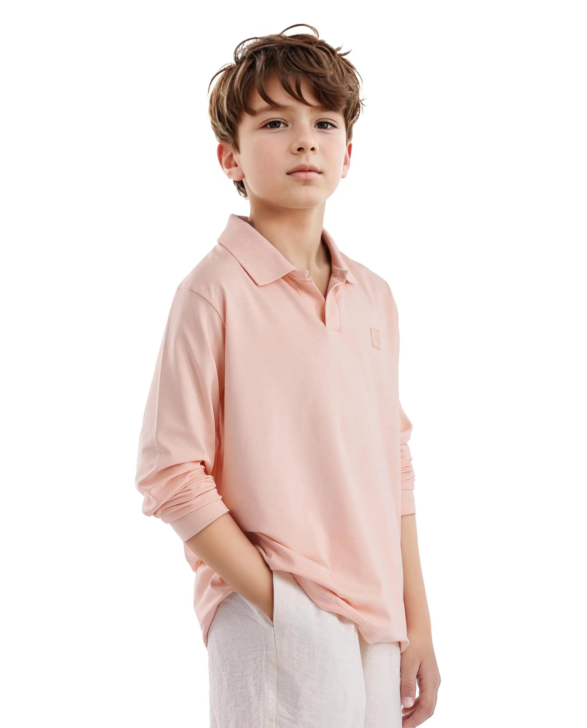 Rare Ones Kids Flit Light Peach Cotton Poly Full Sleeve Polo Neck Solid Polo
