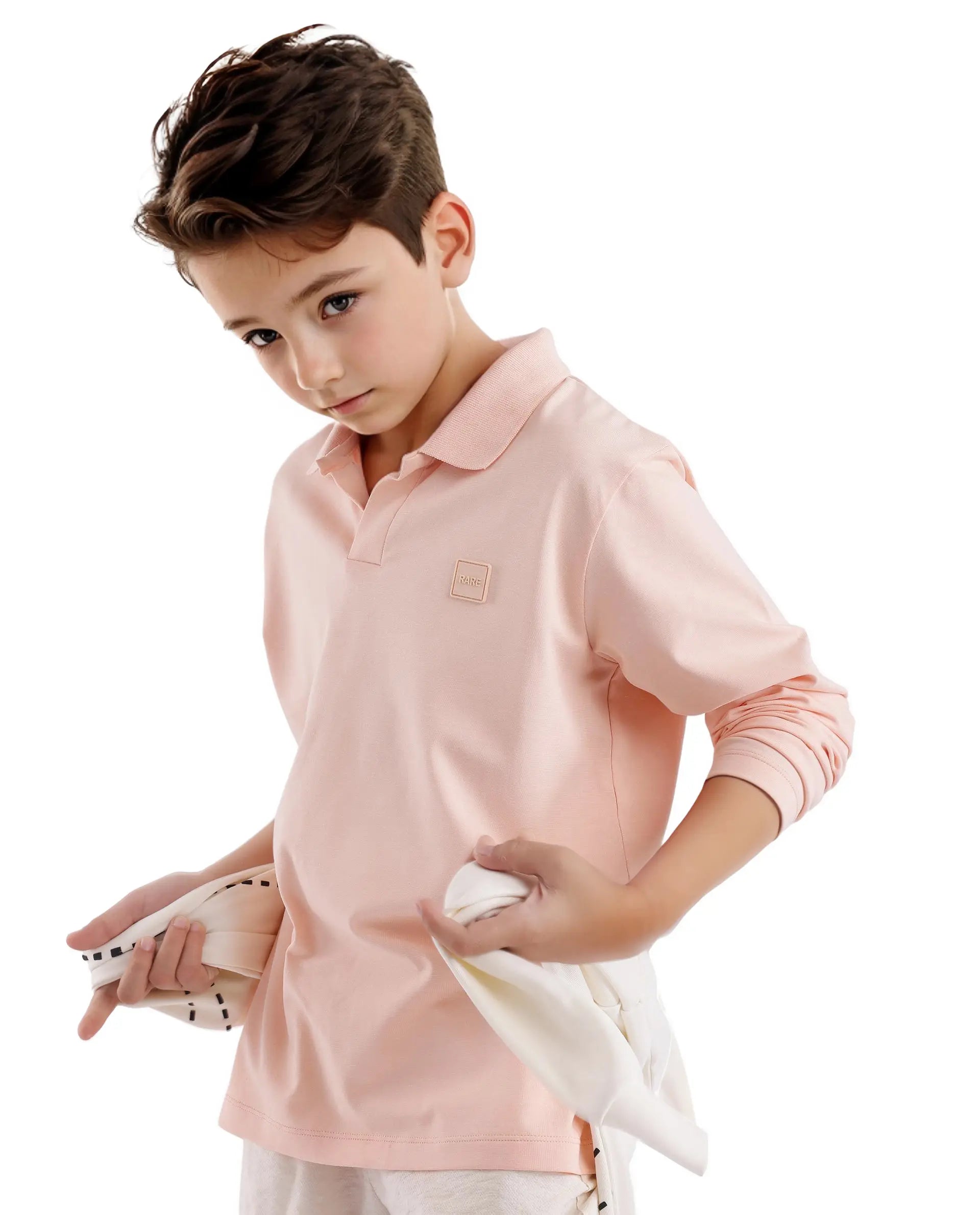 Rare Ones Kids Flit Light Peach Cotton Poly Full Sleeve Polo Neck Solid Polo