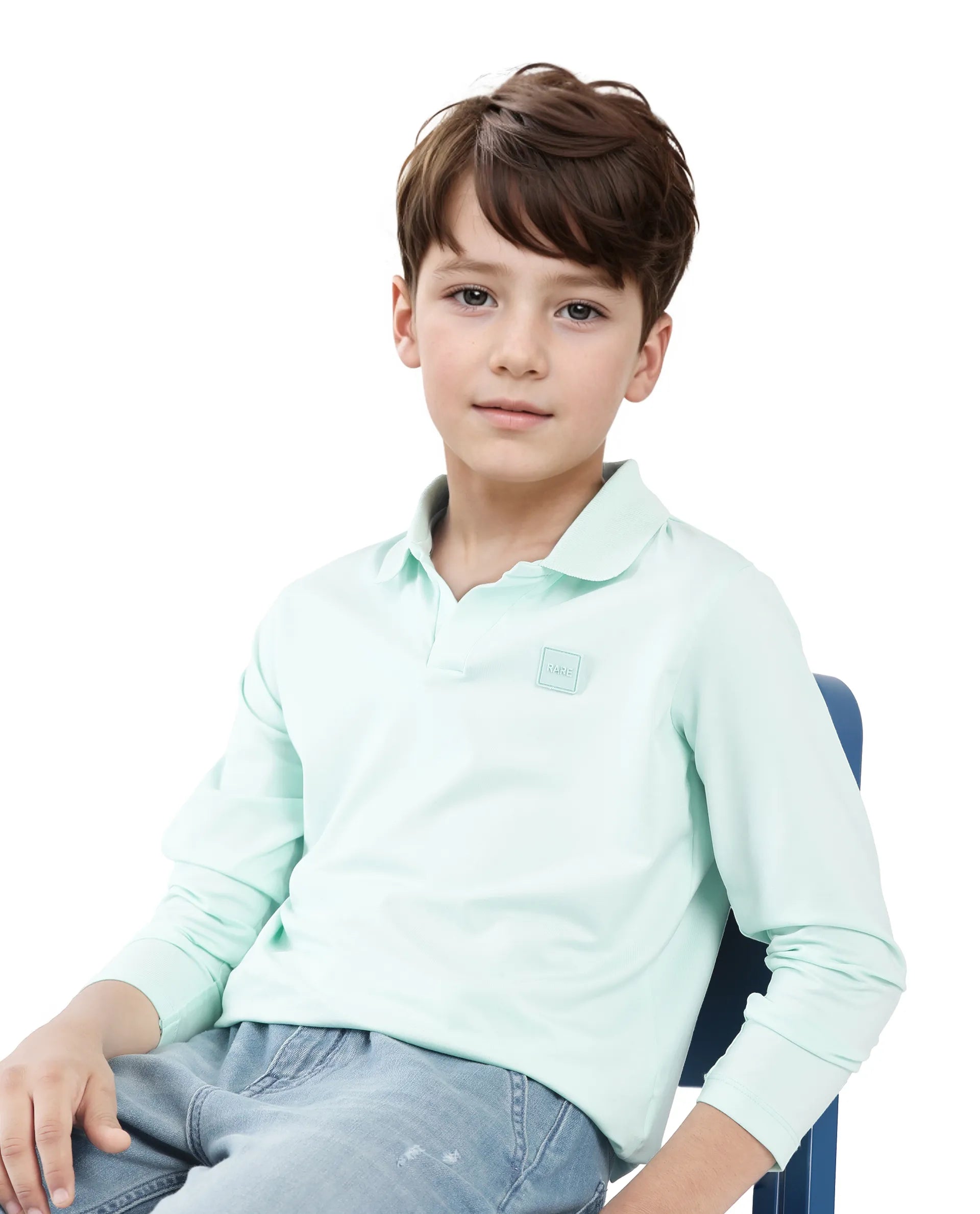 Rare Ones Kids Flit Pastel Green Cotton Poly Full Sleeve Regular Collar Solid Polo