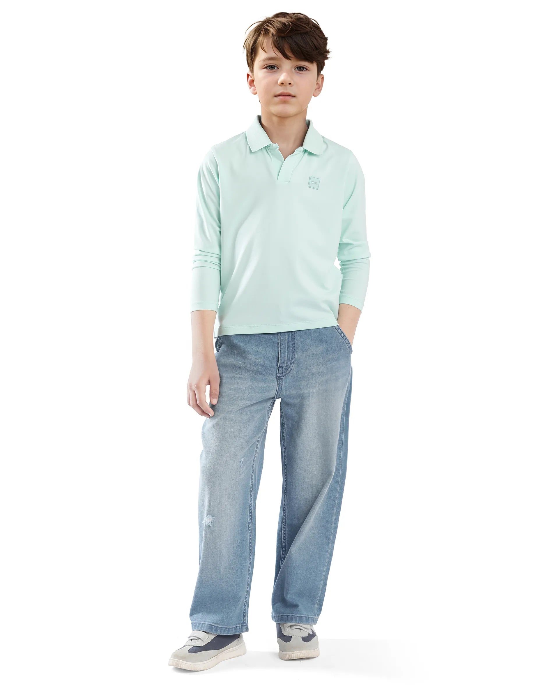 Rare Ones Kids Flit Pastel Green Cotton Poly Full Sleeve Regular Collar Solid Polo