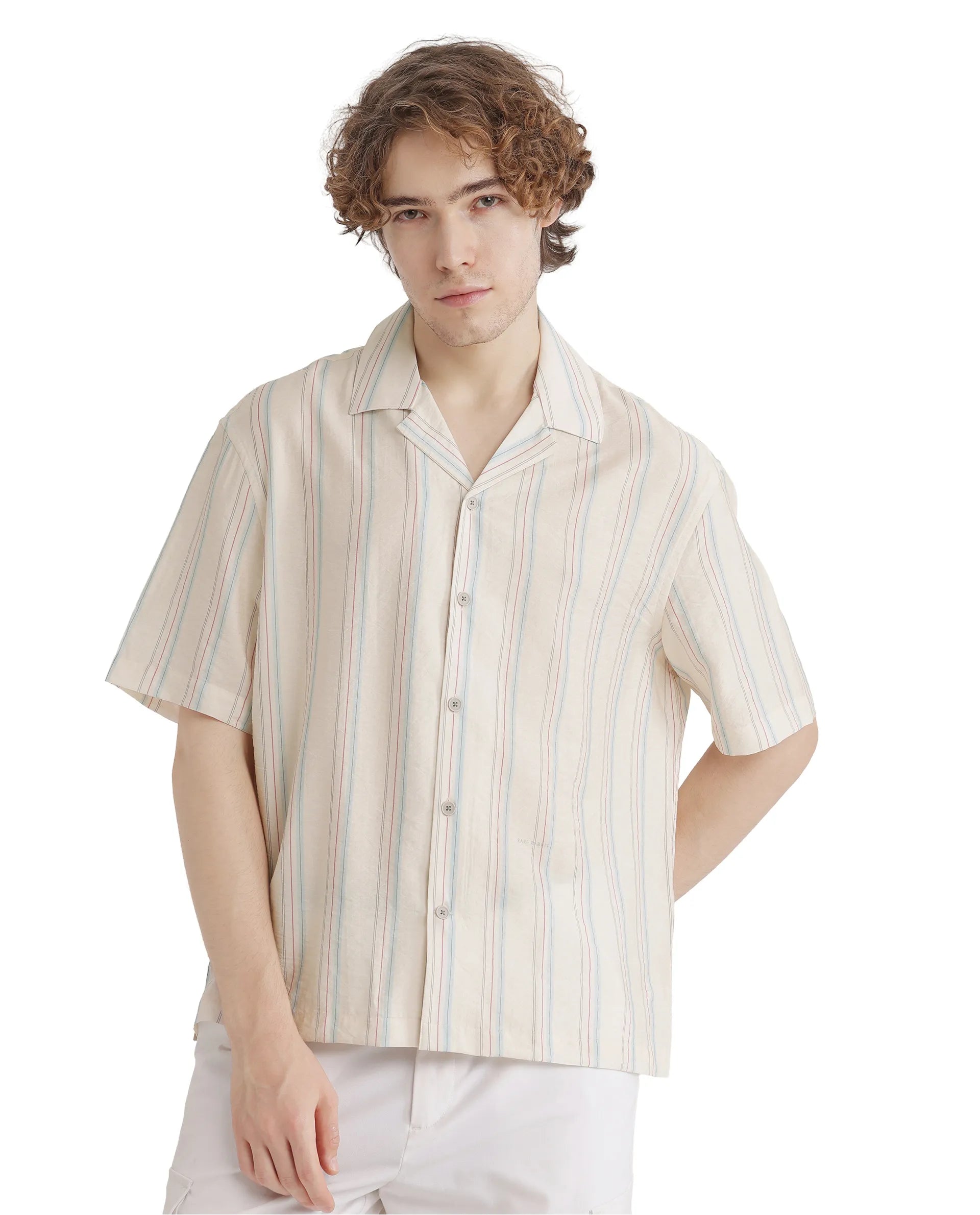 Rare Rabbit Men's Flitzom Offwhite Cotton Fabric Short Sleeve Collared Neck Button Closure Printed Shirt