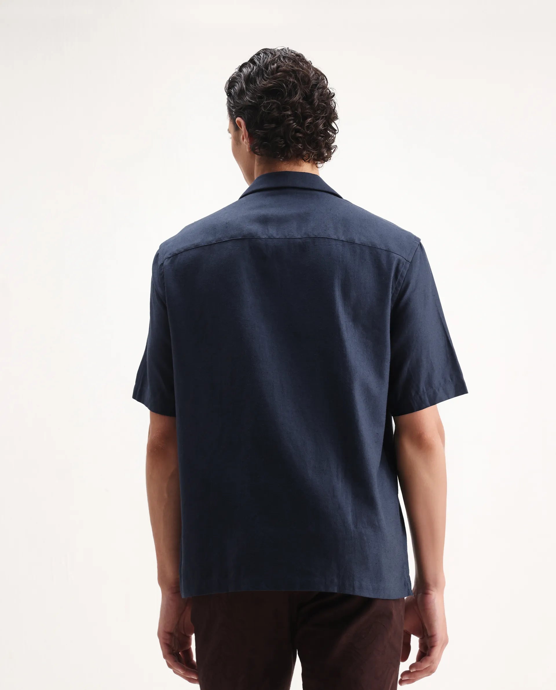 Rare Rabbit Men's Flmbo Navy Cotton Blend Embroidered Boxy Fit Half Sleeve Cuban Collar Shirt