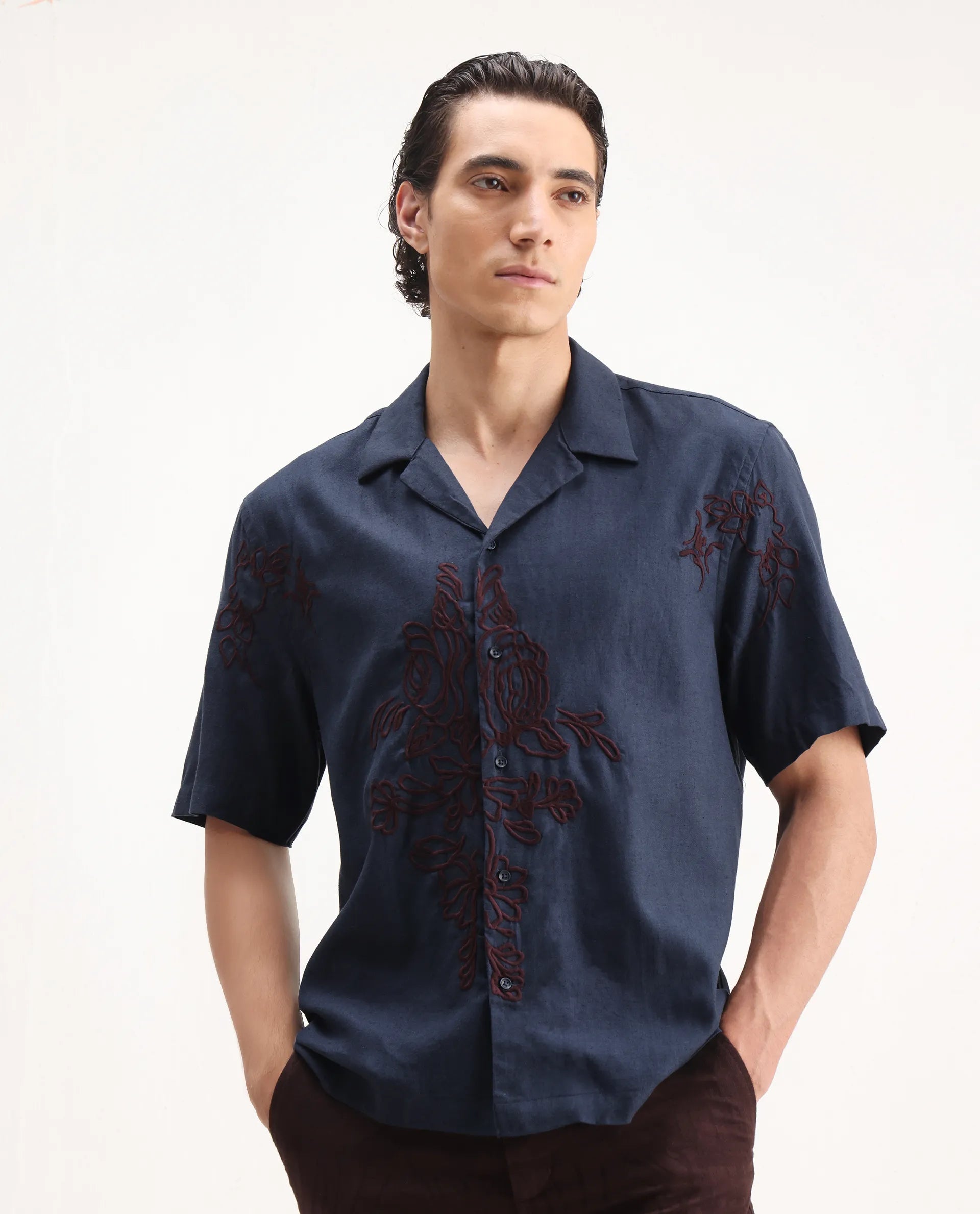 Rare Rabbit Men's Flmbo Navy Cotton Blend Embroidered Boxy Fit Half Sleeve Cuban Collar Shirt