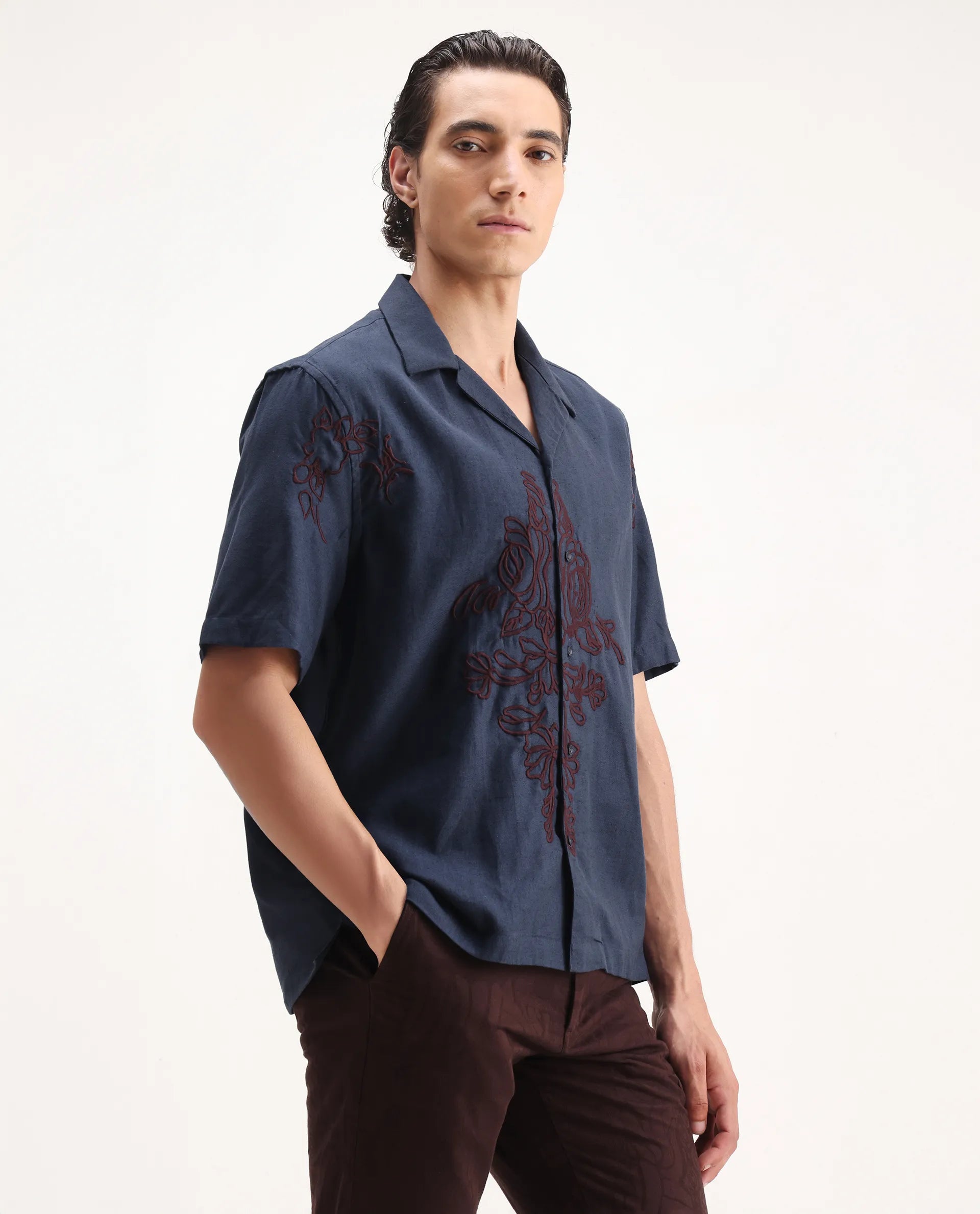 Rare Rabbit Men's Flmbo Navy Cotton Blend Embroidered Boxy Fit Half Sleeve Cuban Collar Shirt