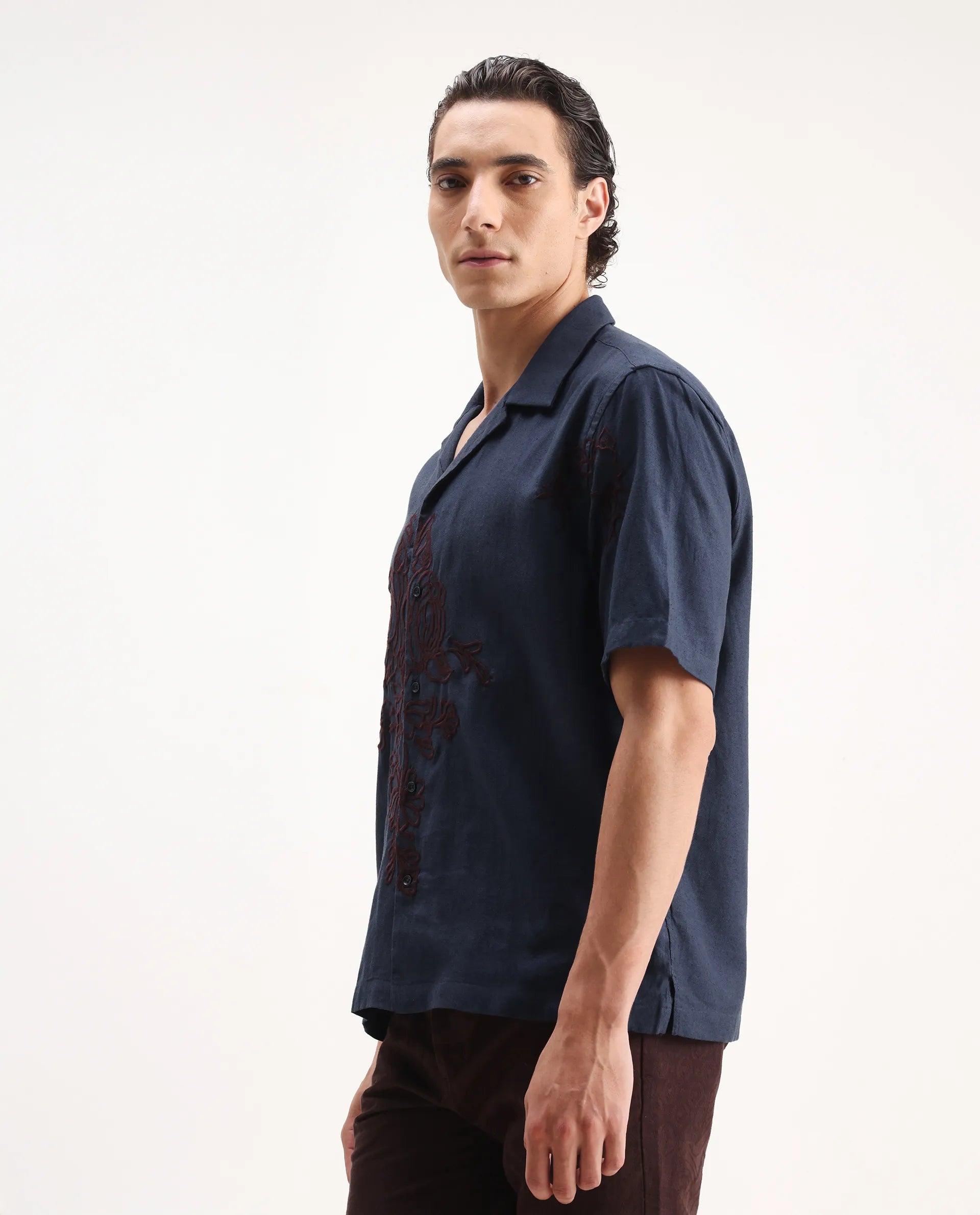 Rare Rabbit Men's Flmbo Navy Cotton Blend Embroidered Boxy Fit Half Sleeve Cuban Collar Shirt