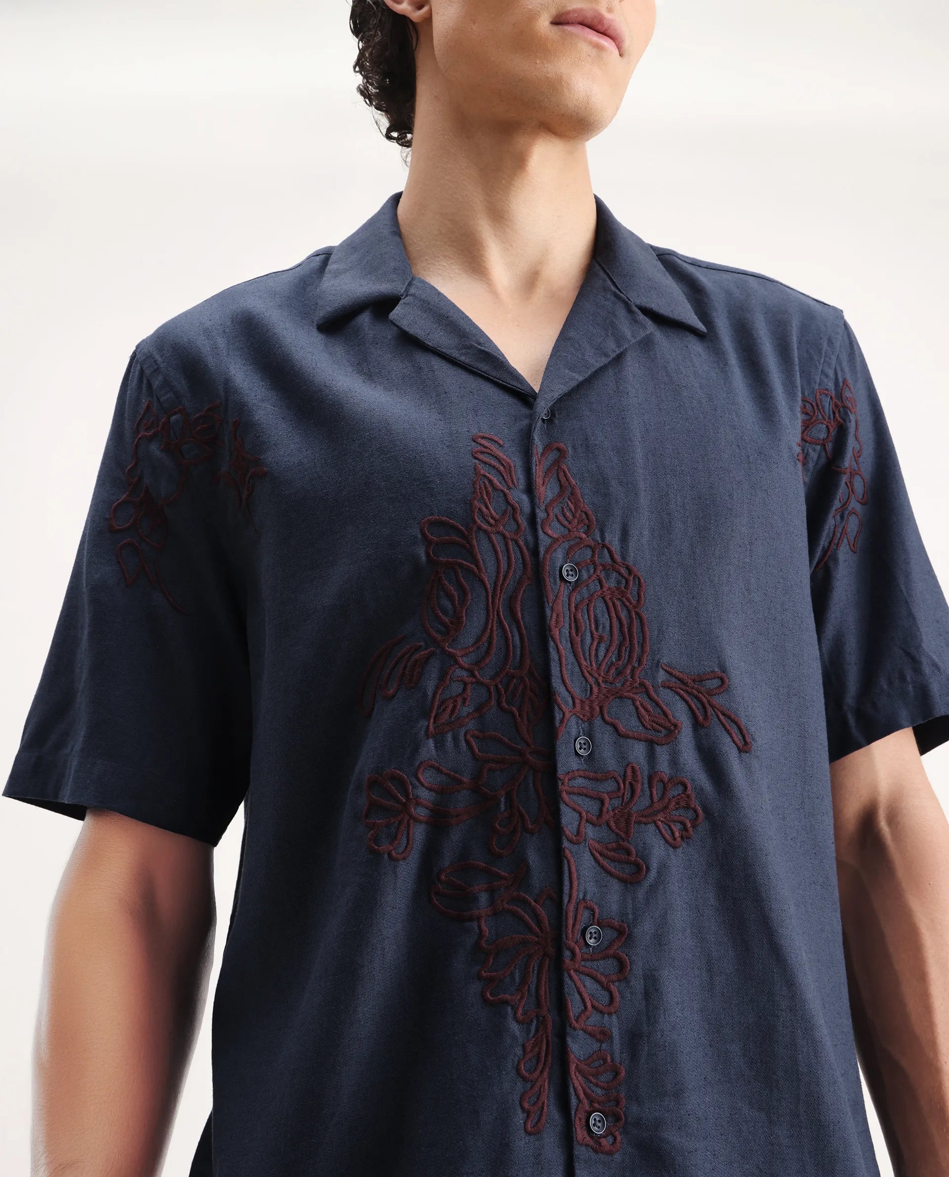 Rare Rabbit Men's Flmbo Navy Cotton Blend Embroidered Boxy Fit Half Sleeve Cuban Collar Shirt