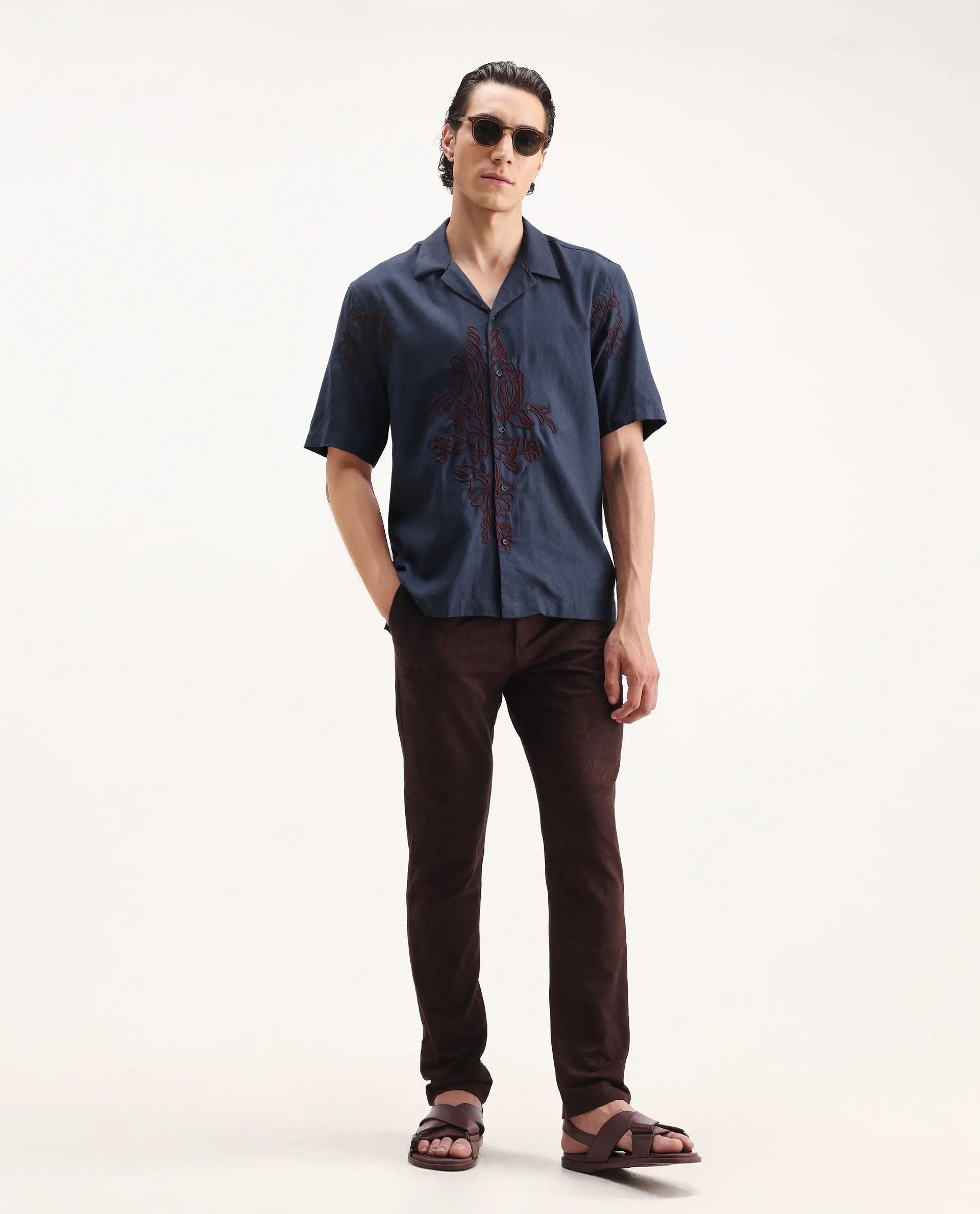 Rare Rabbit Men's Flmbo Navy Cotton Blend Embroidered Boxy Fit Half Sleeve Cuban Collar Shirt