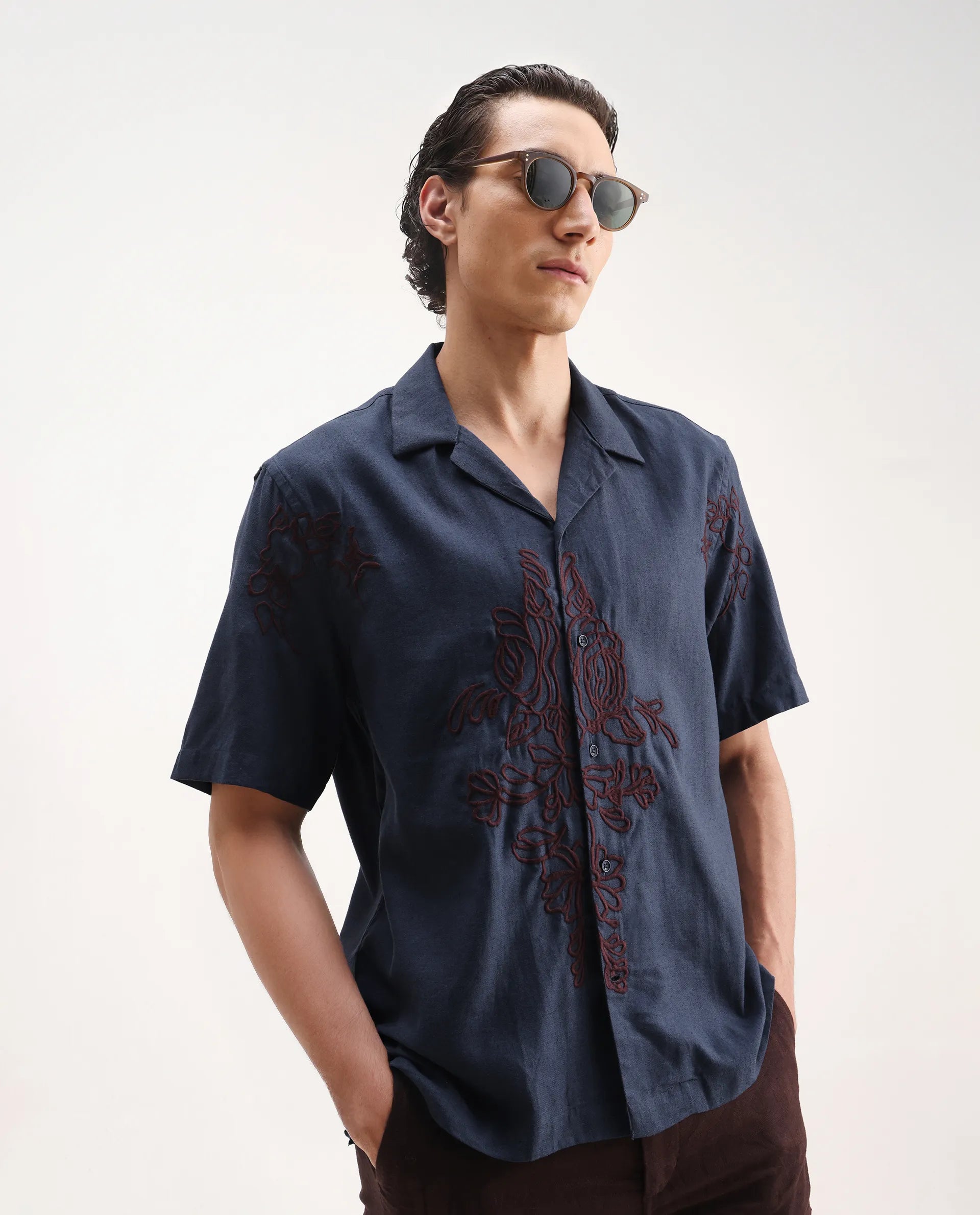 Rare Rabbit Men's Flmbo Navy Cotton Blend Embroidered Boxy Fit Half Sleeve Cuban Collar Shirt