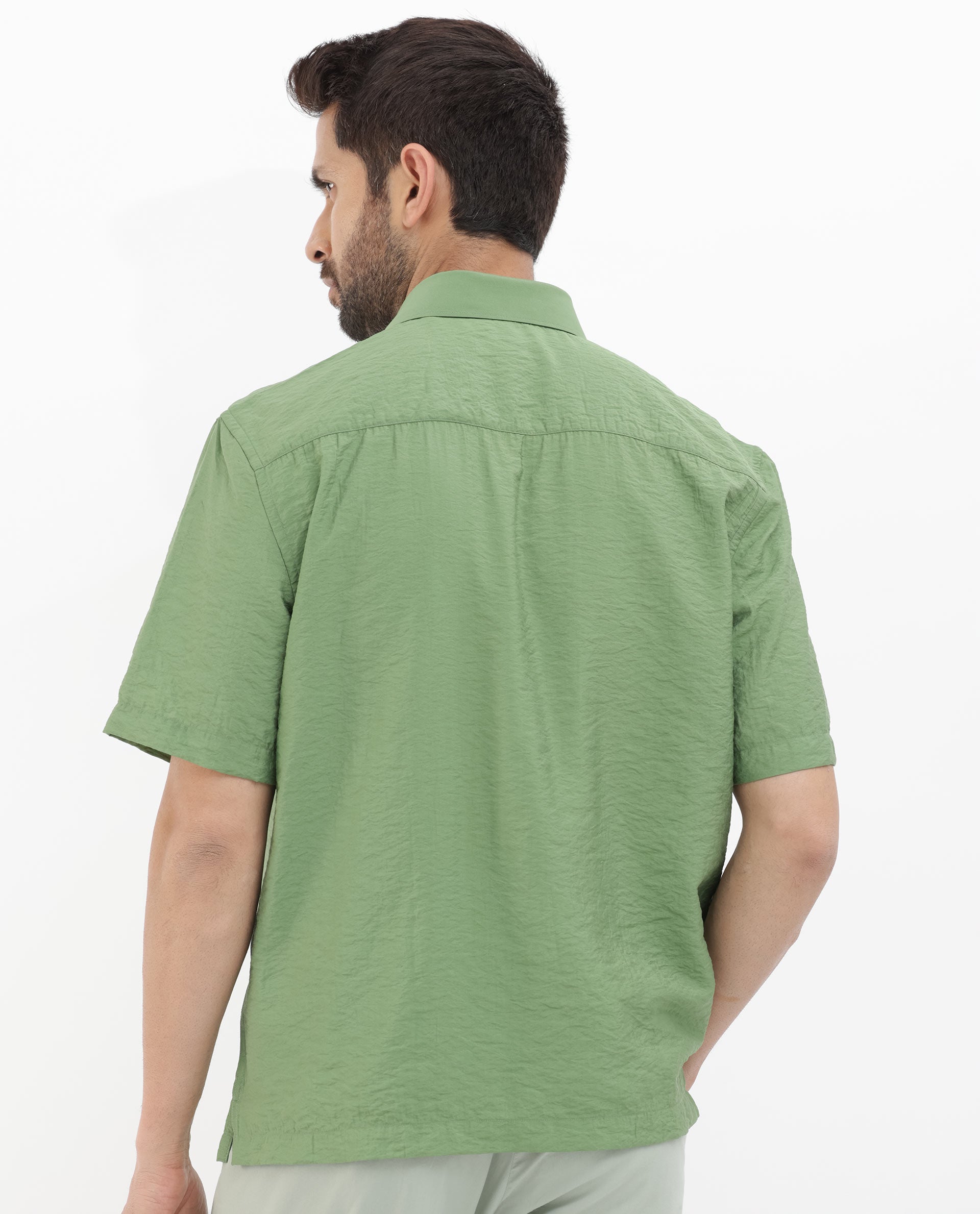Rare Rabbit Men's Flo Green Viscose Fabric Half Sleeves Boxy Fit Creased Effect Solid Shirt