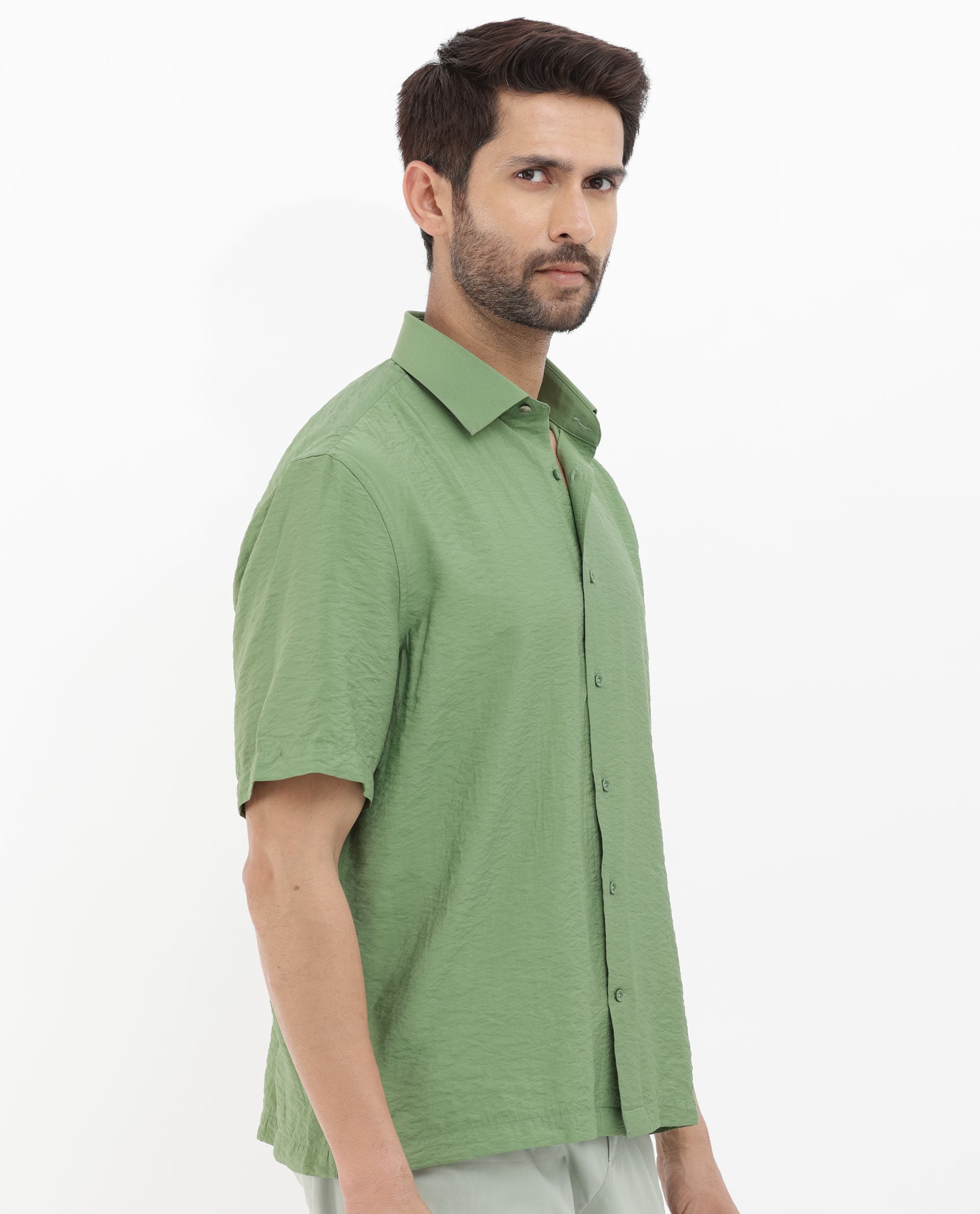 Rare Rabbit Men's Flo Green Viscose Fabric Half Sleeves Boxy Fit Creased Effect Solid Shirt