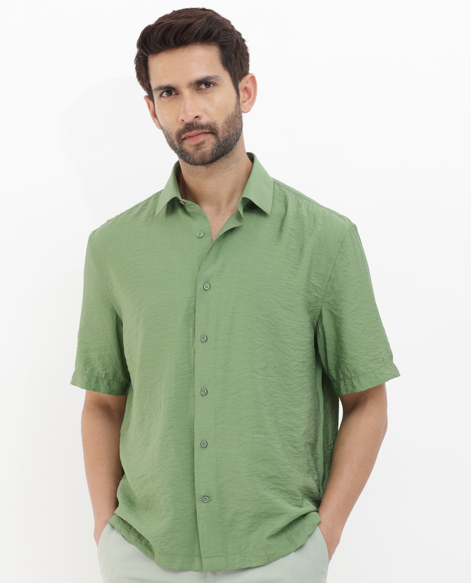 Rare Rabbit Men's Flo Green Viscose Fabric Half Sleeves Boxy Fit Creased Effect Solid Shirt