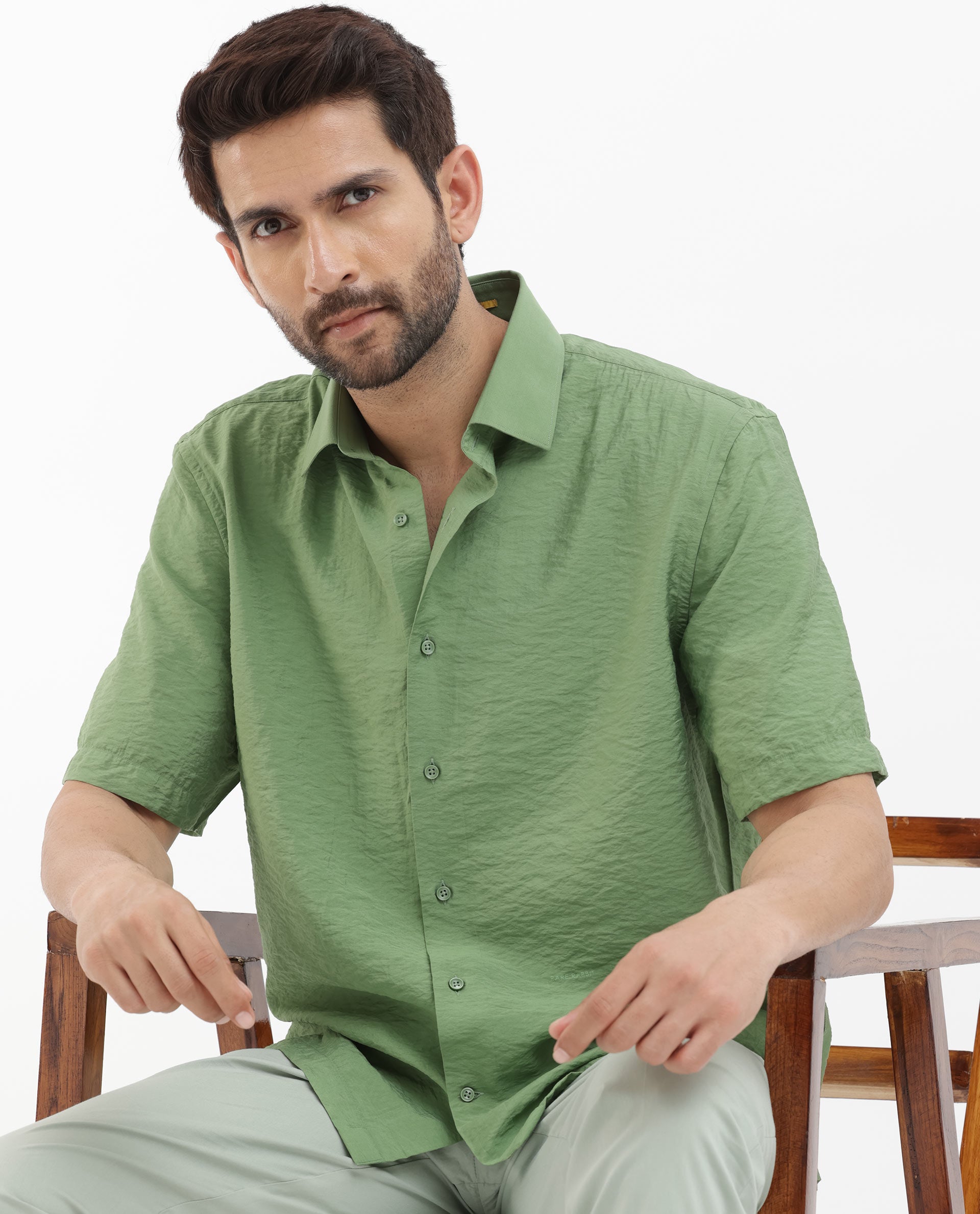 Rare Rabbit Men's Flo Green Viscose Fabric Half Sleeves Boxy Fit Creased Effect Solid Shirt