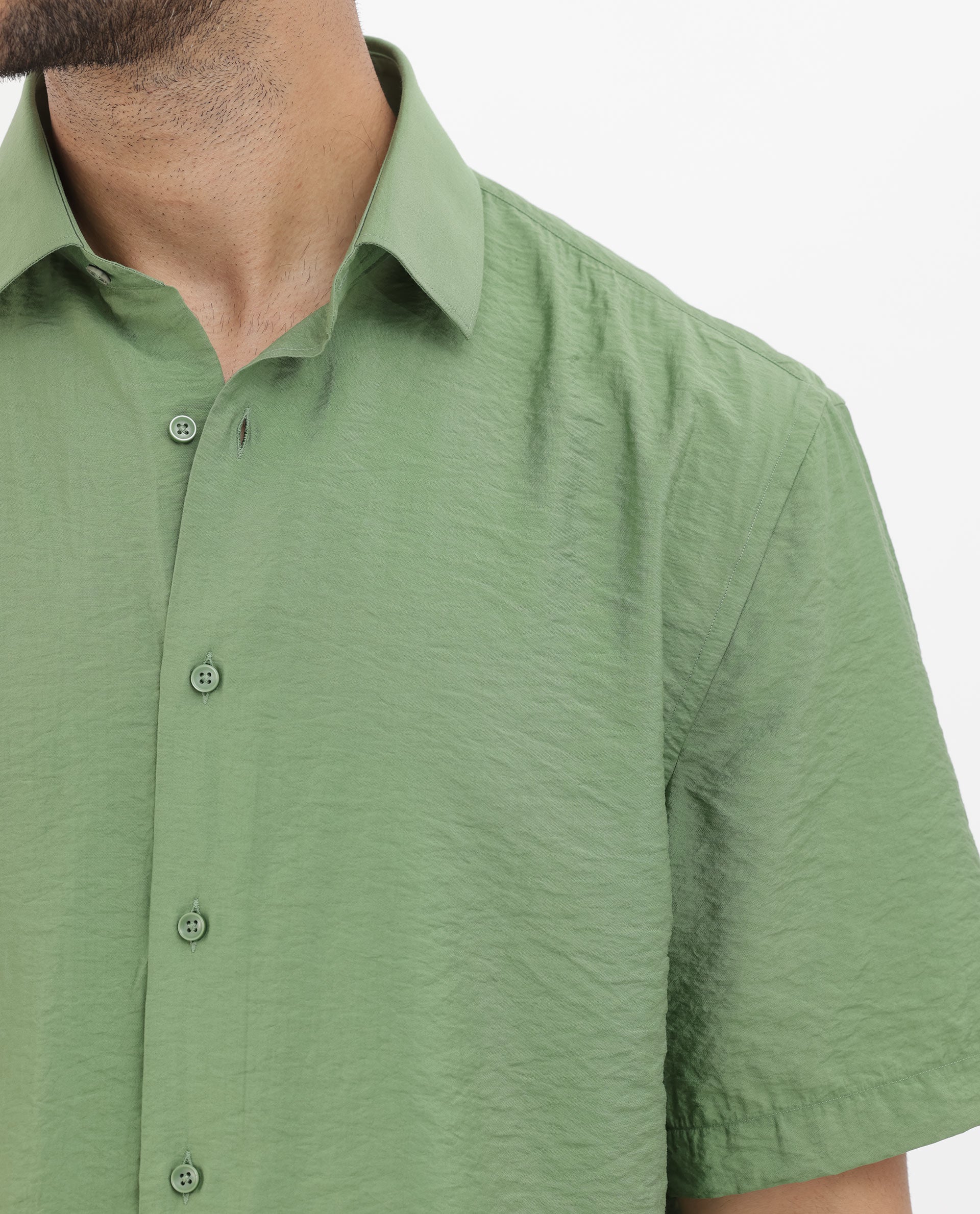 Rare Rabbit Men's Flo Green Viscose Fabric Half Sleeves Boxy Fit Creased Effect Solid Shirt