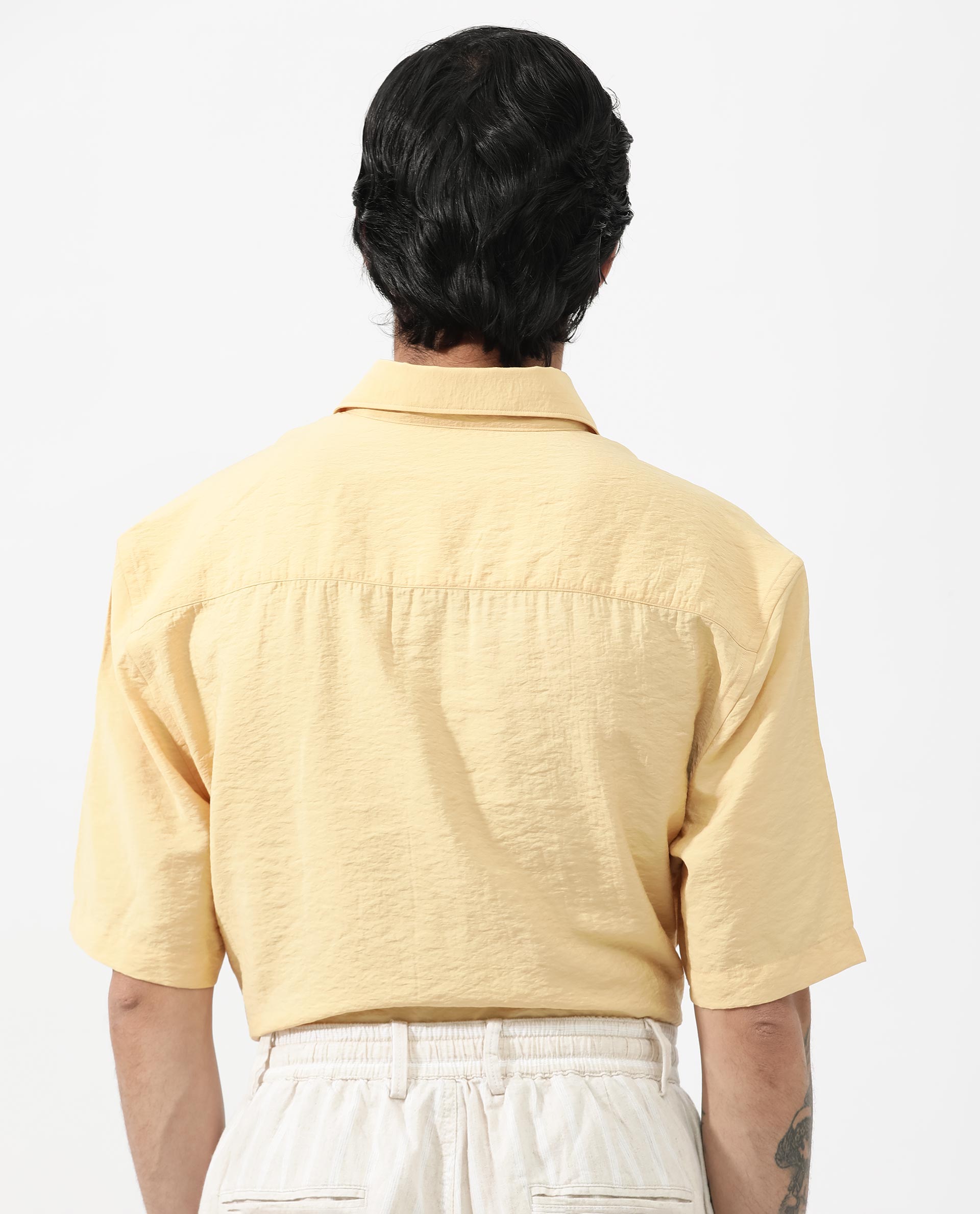 Rare Rabbit Men's Flo Light Yellow Viscose Fabric Half Sleeves Boxy Fit Creased Effect Solid Shirt