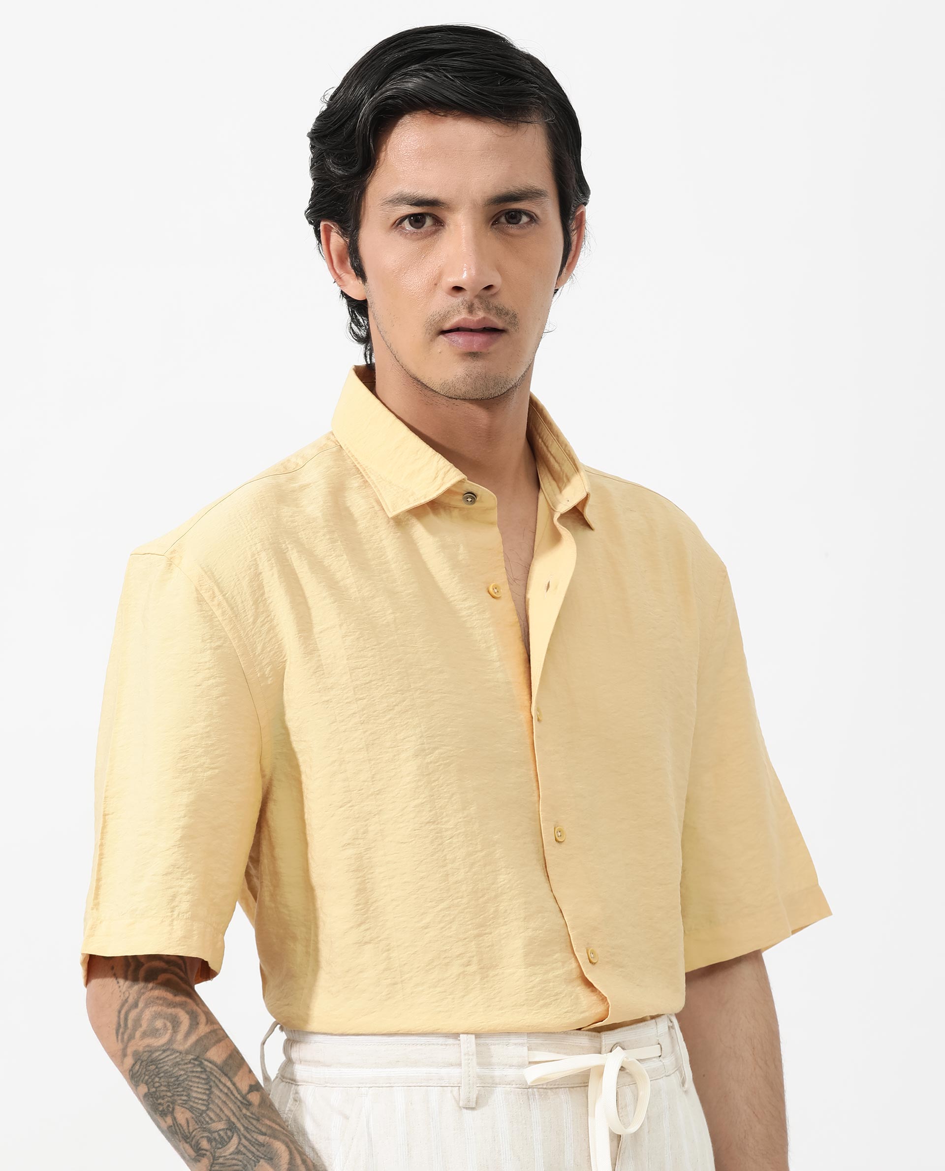 Rare Rabbit Men's Flo Light Yellow Viscose Fabric Half Sleeves Boxy Fit Creased Effect Solid Shirt