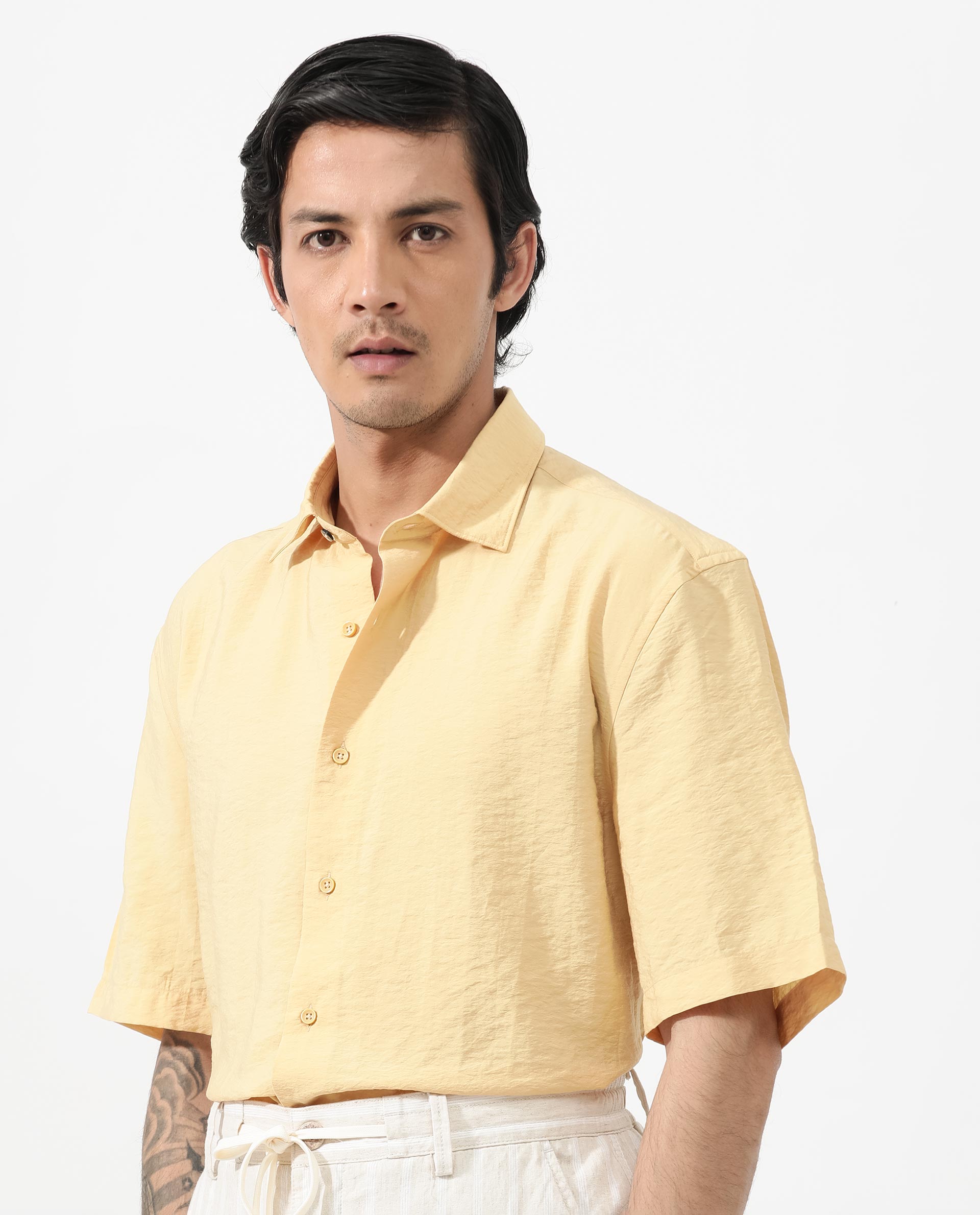 Rare Rabbit Men's Flo Light Yellow Viscose Fabric Half Sleeves Boxy Fit Creased Effect Solid Shirt