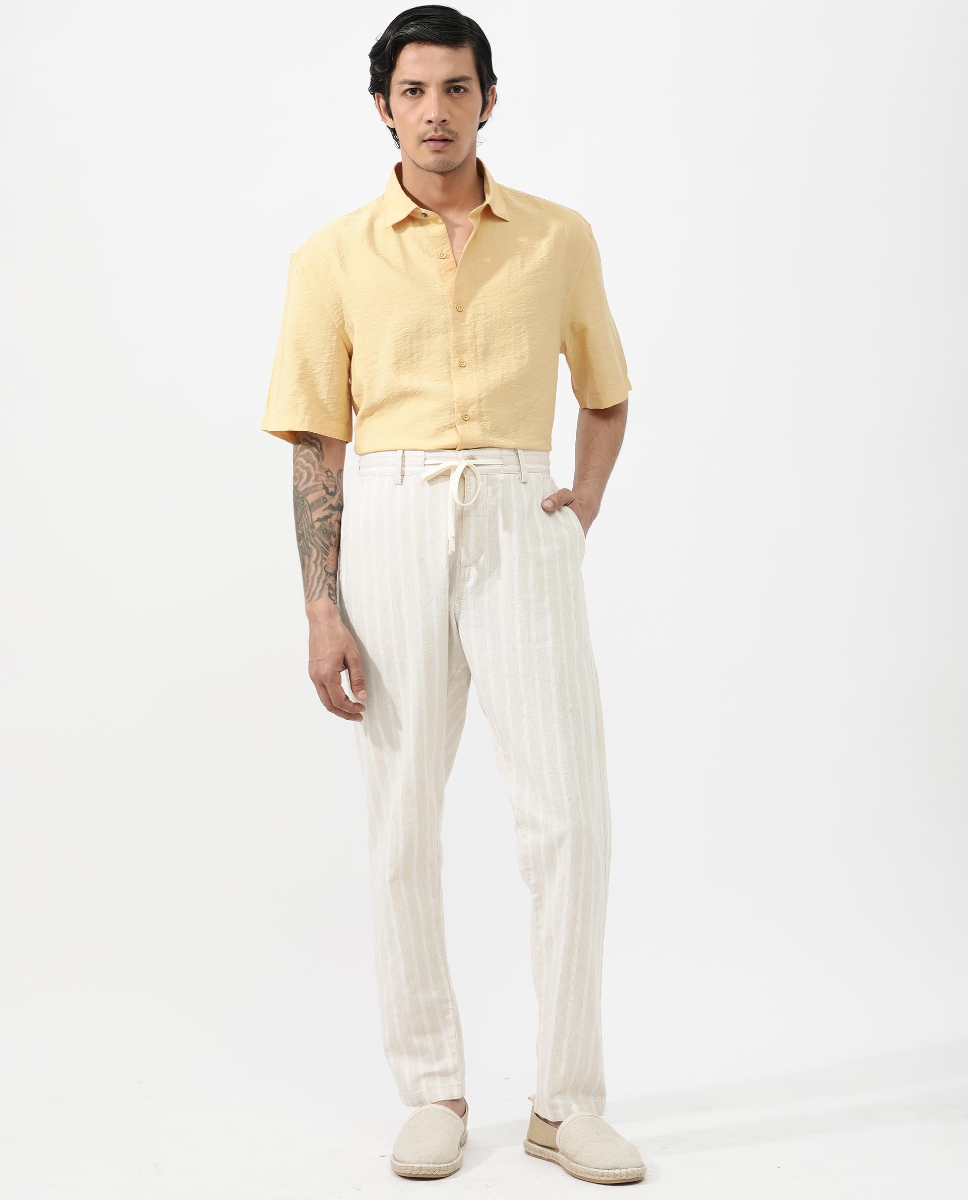 Rare Rabbit Men's Flo Light Yellow Viscose Fabric Half Sleeves Boxy Fit Creased Effect Solid Shirt