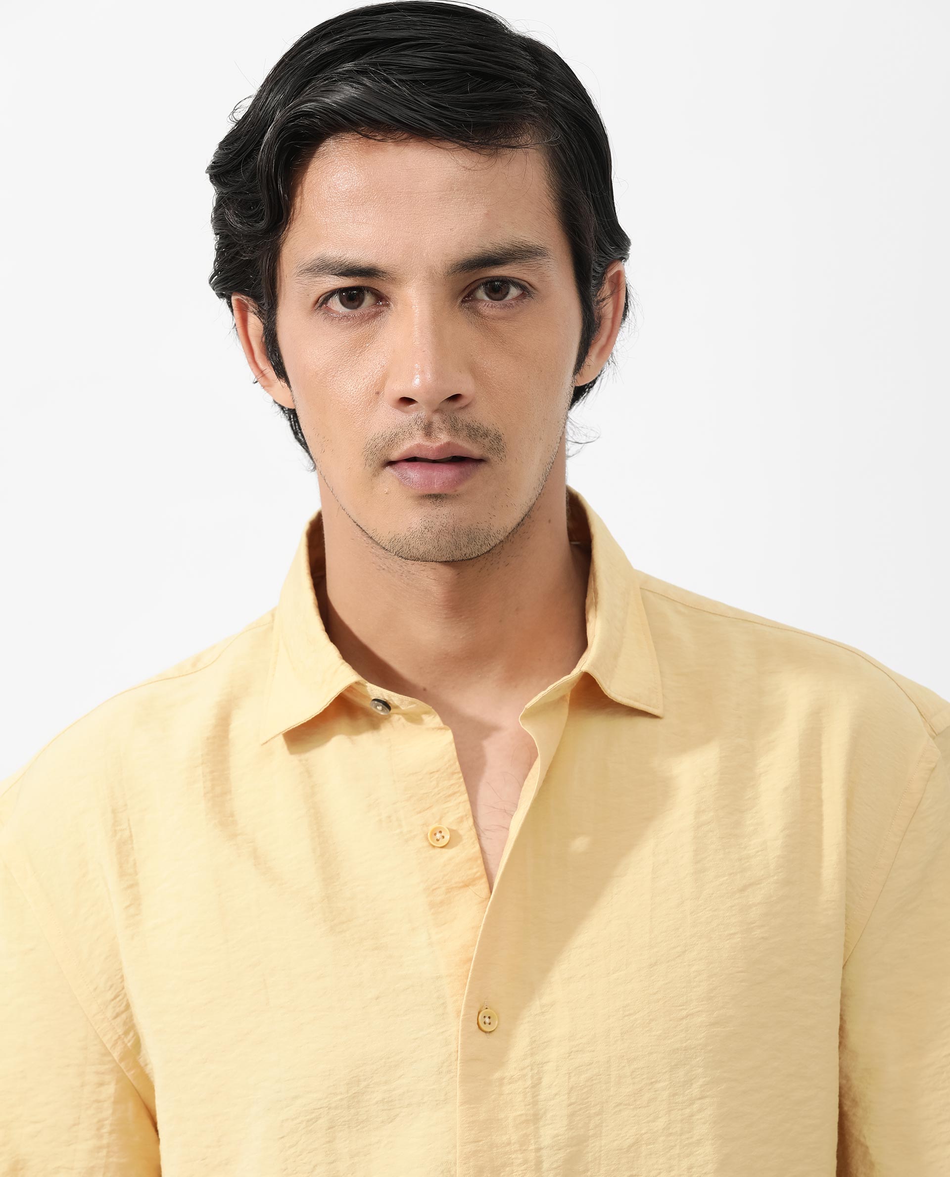 Rare Rabbit Men's Flo Light Yellow Viscose Fabric Half Sleeves Boxy Fit Creased Effect Solid Shirt