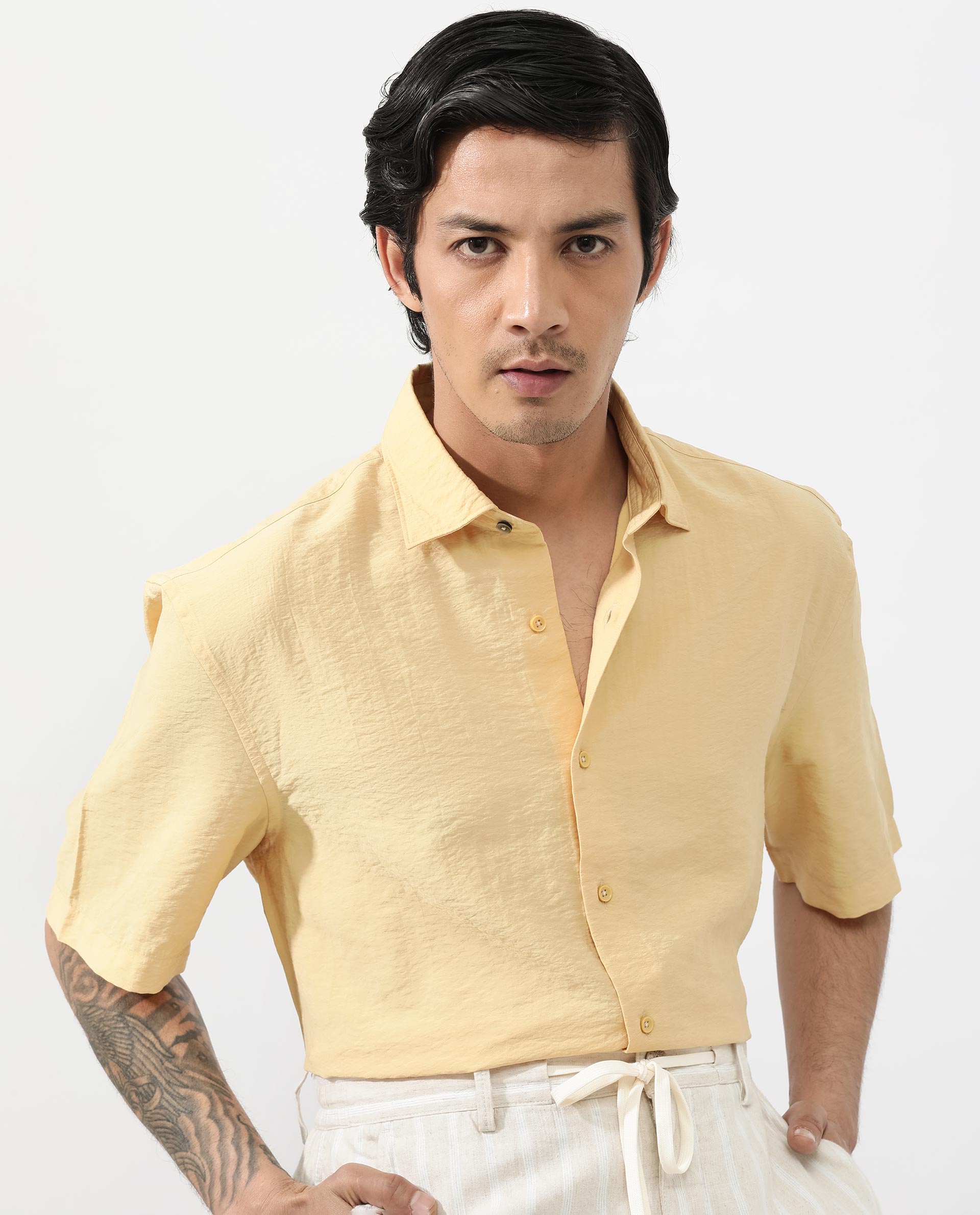 Rare Rabbit Men's Flo Light Yellow Viscose Fabric Half Sleeves Boxy Fit Creased Effect Solid Shirt