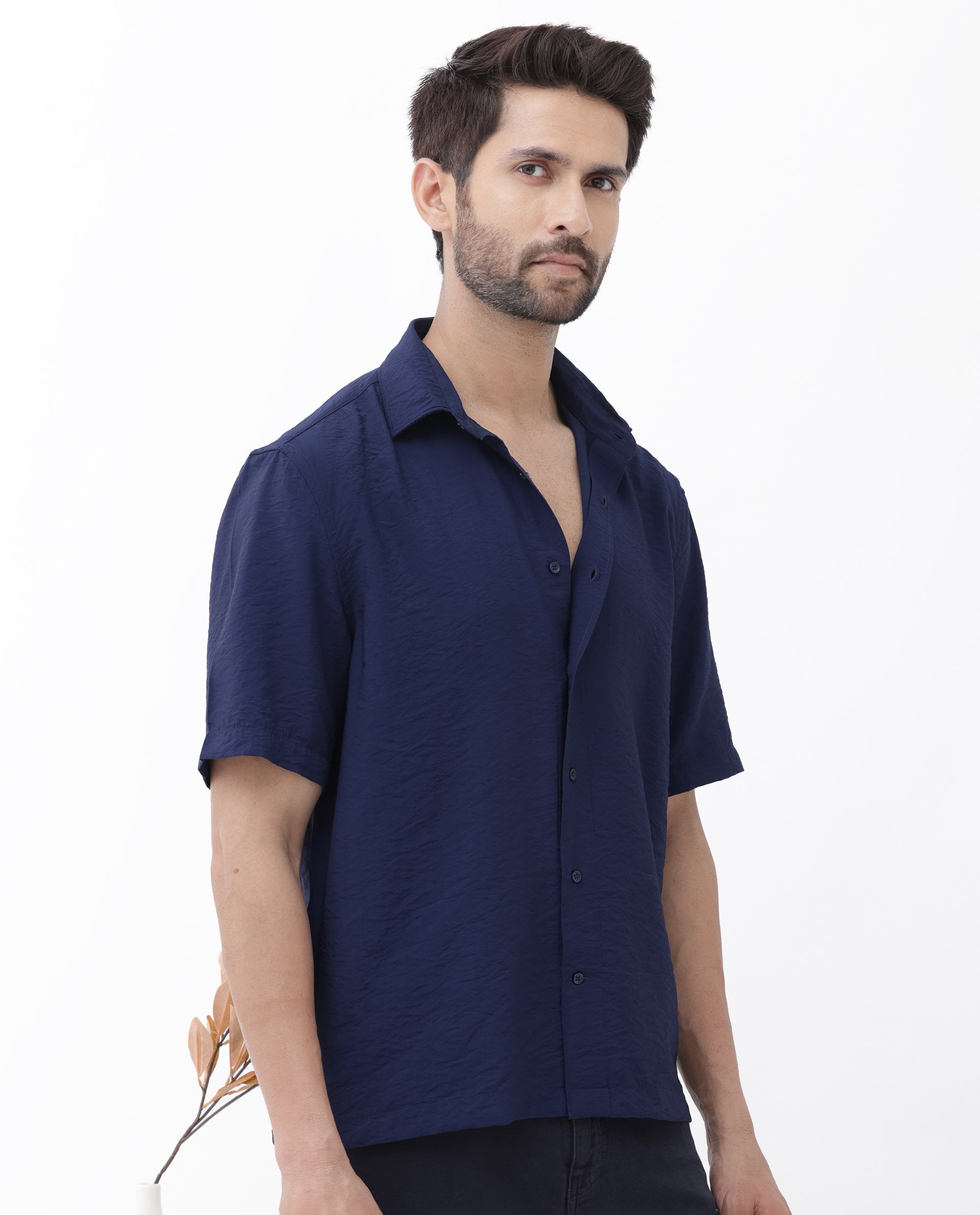 Rare Rabbit Men's Flo Navy Viscose Fabric Half Sleeves Boxy Fit Creased Effect Solid Shirt