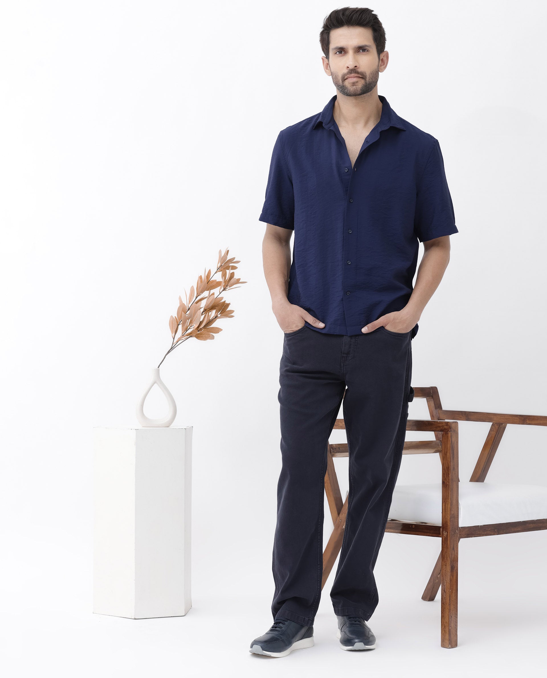 Rare Rabbit Men's Flo Navy Viscose Fabric Half Sleeves Boxy Fit Creased Effect Solid Shirt