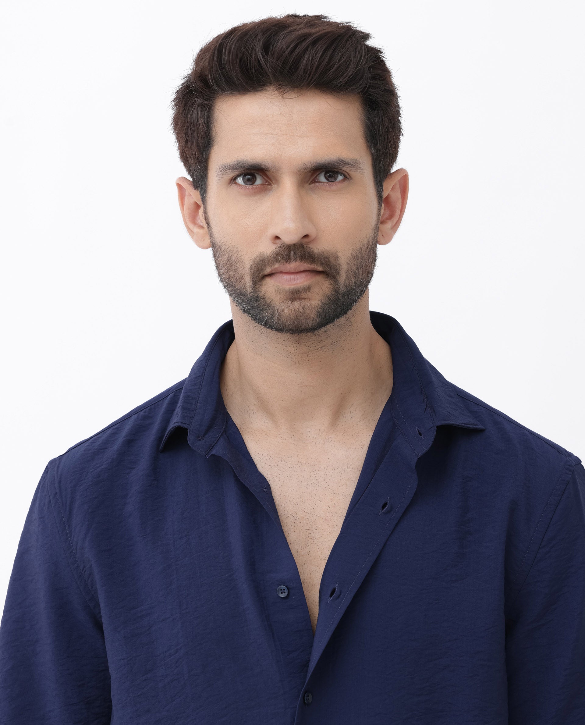 Rare Rabbit Men's Flo-11 Navy Viscose Blend Plain Boxy Fit Half Sleeve Collared Shirt