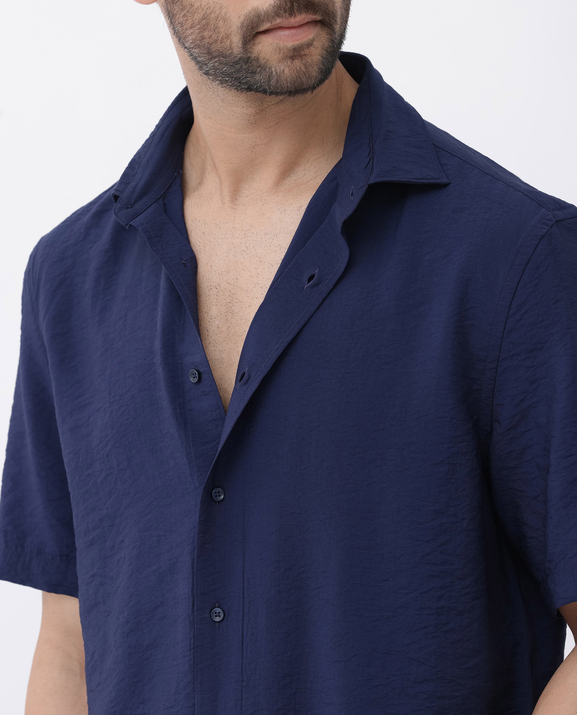 Rare Rabbit Men's Flo Navy Viscose Fabric Half Sleeves Boxy Fit Creased Effect Solid Shirt