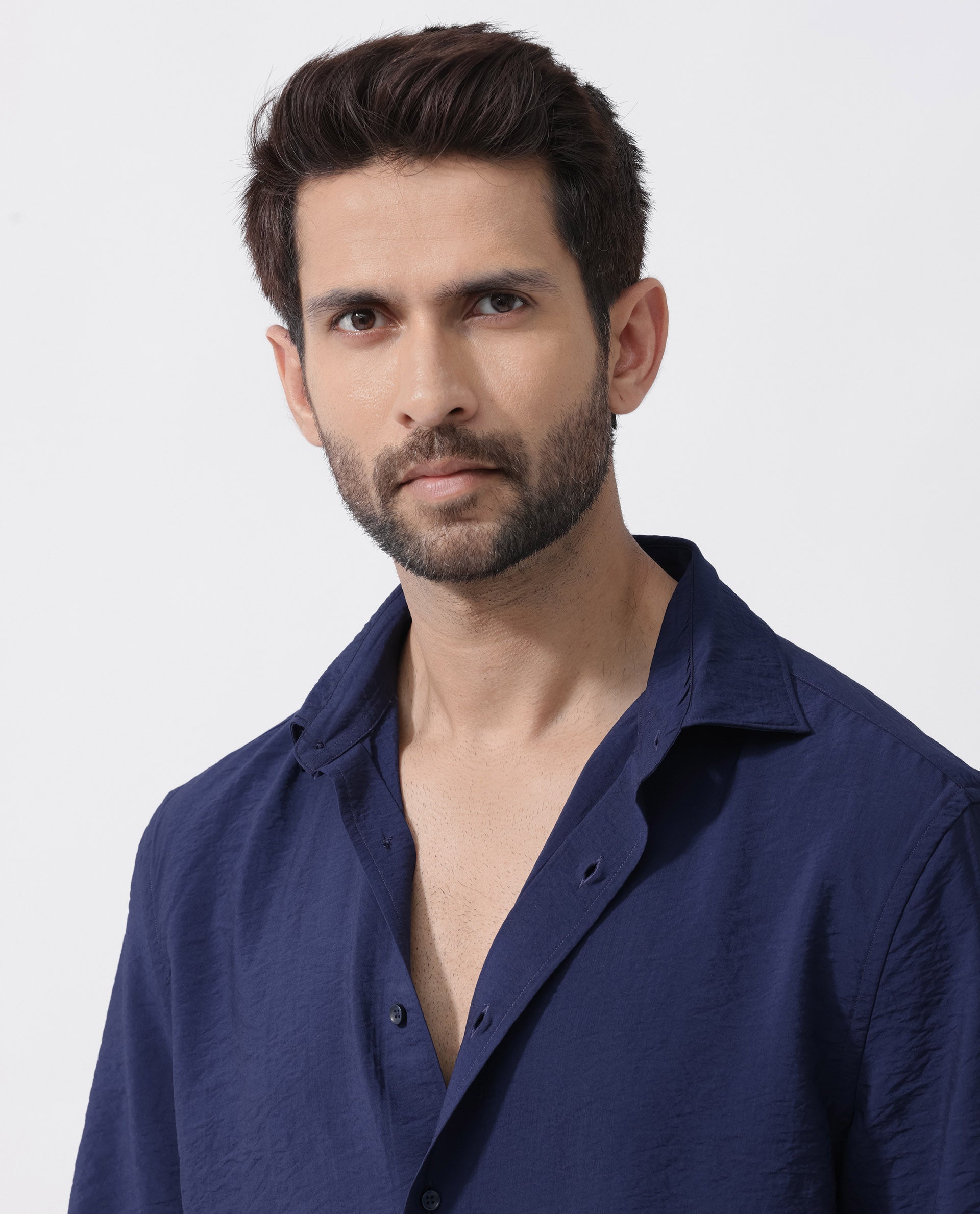 Rare Rabbit Men's Flo Navy Viscose Fabric Half Sleeves Boxy Fit Creased Effect Solid Shirt