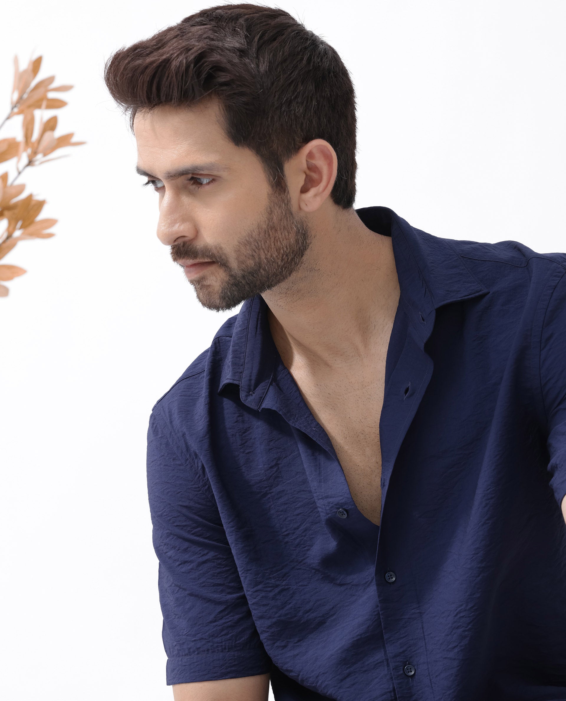 Rare Rabbit Men's Flo Navy Viscose Fabric Half Sleeves Boxy Fit Creased Effect Solid Shirt