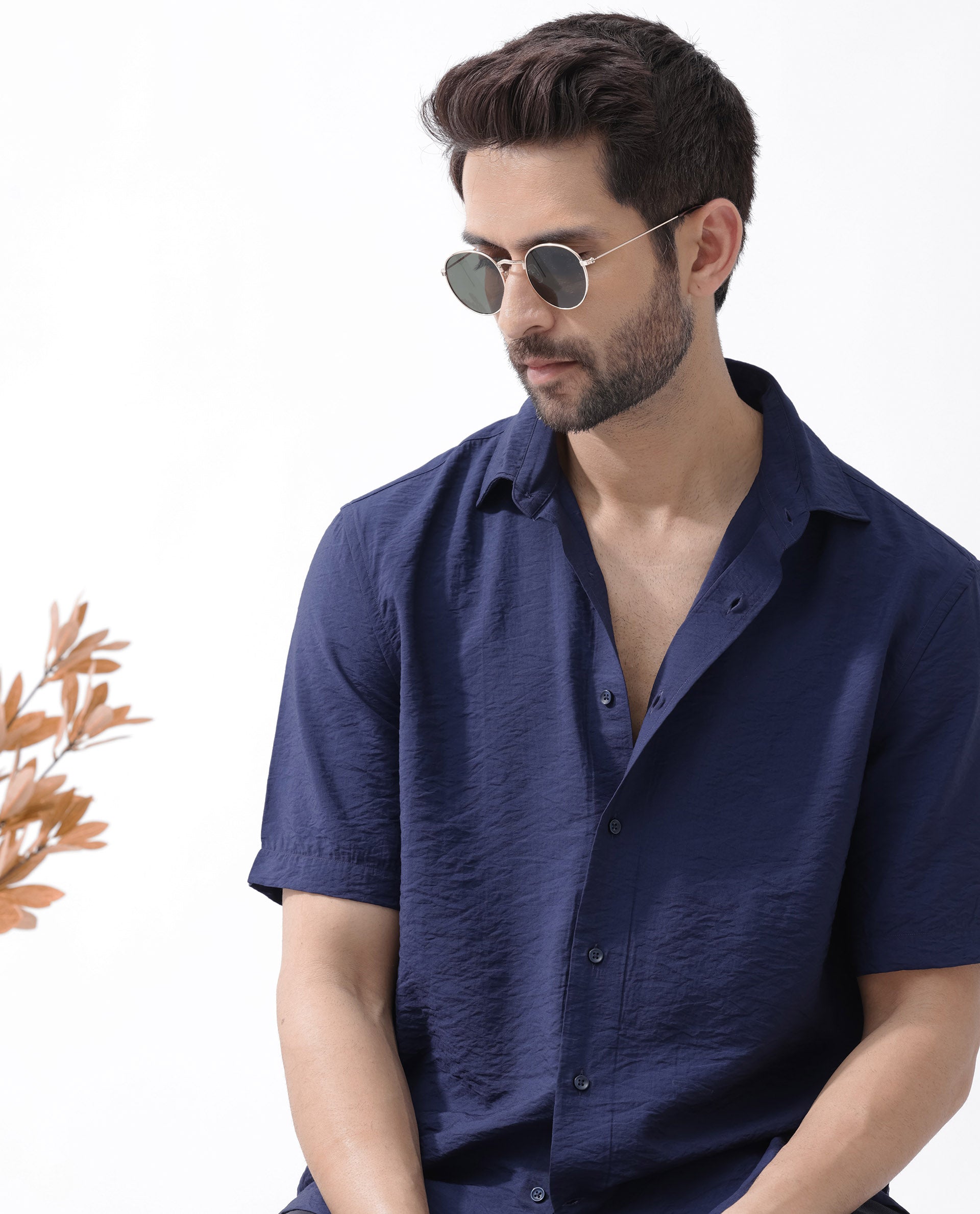 Rare Rabbit Men's Flo Navy Viscose Fabric Half Sleeves Boxy Fit Creased Effect Solid Shirt