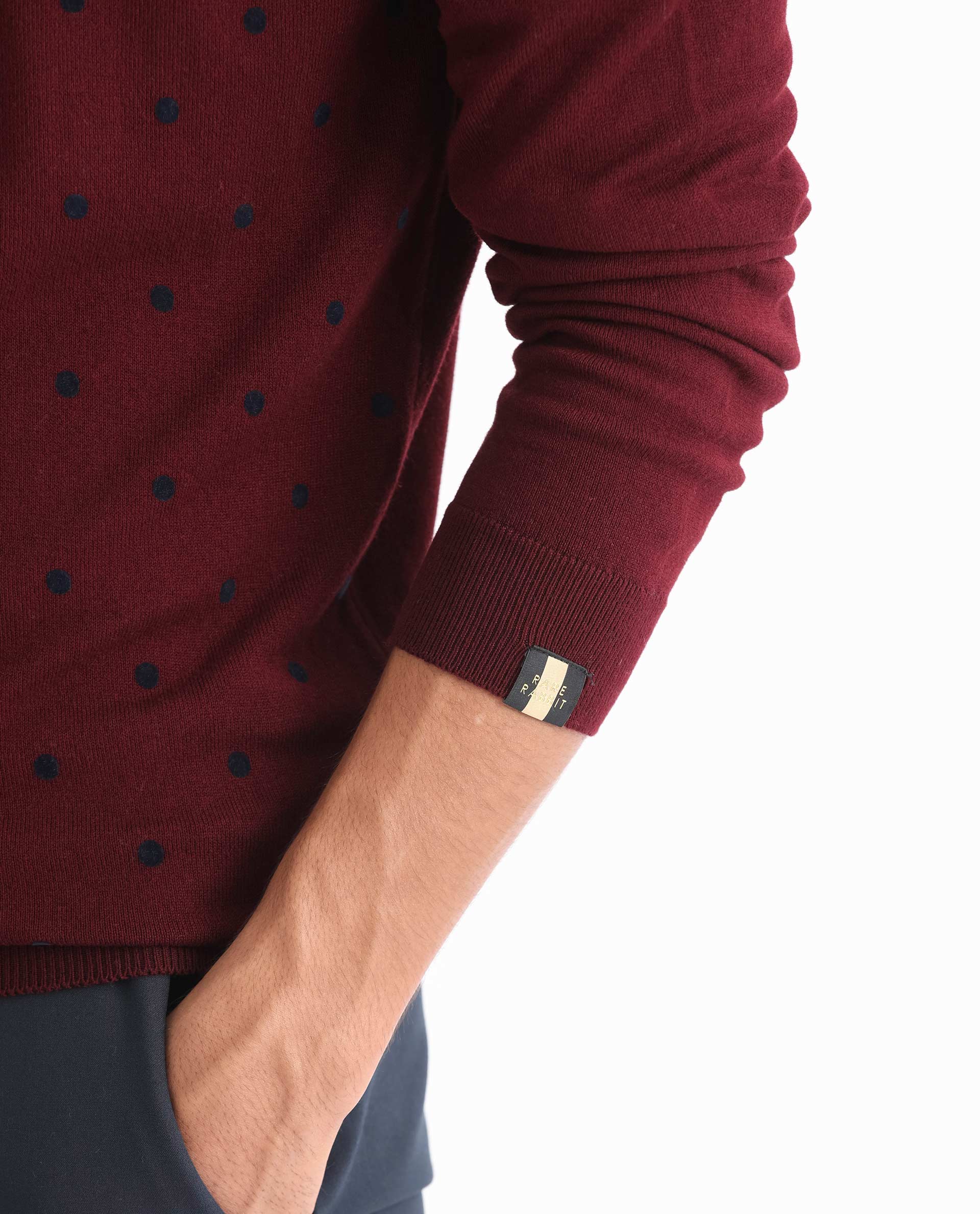 Rare Rabbit Mens Flock Dark Maroon Viscose Nylon Fabric Crew Neck Full Sleeves Flock Printed Polka Dot Sweater