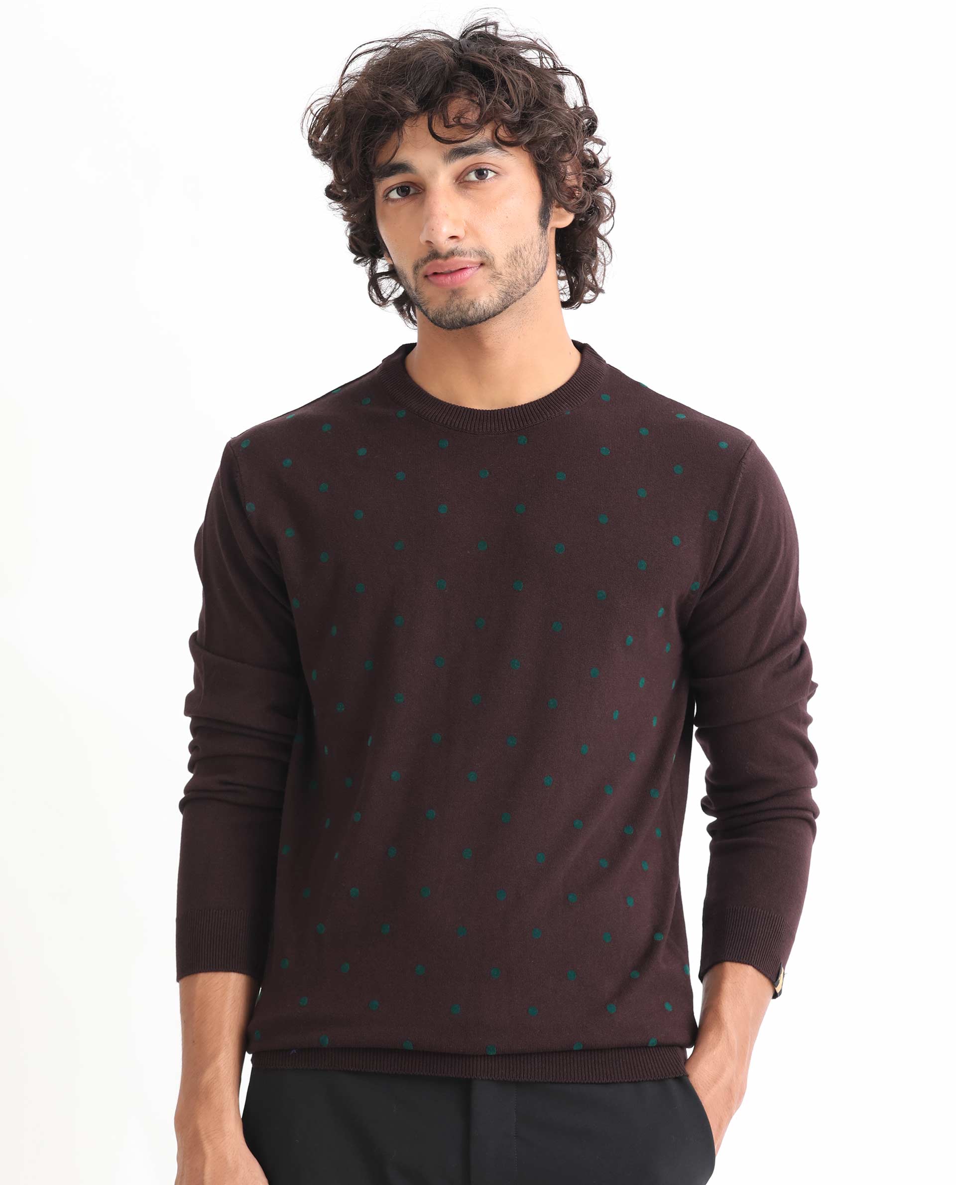 Rare Rabbit Mens Flock Maroon Viscose Nylon Fabric Crew Neck Full Sleeves Flock Printed Polka Dot Sweater