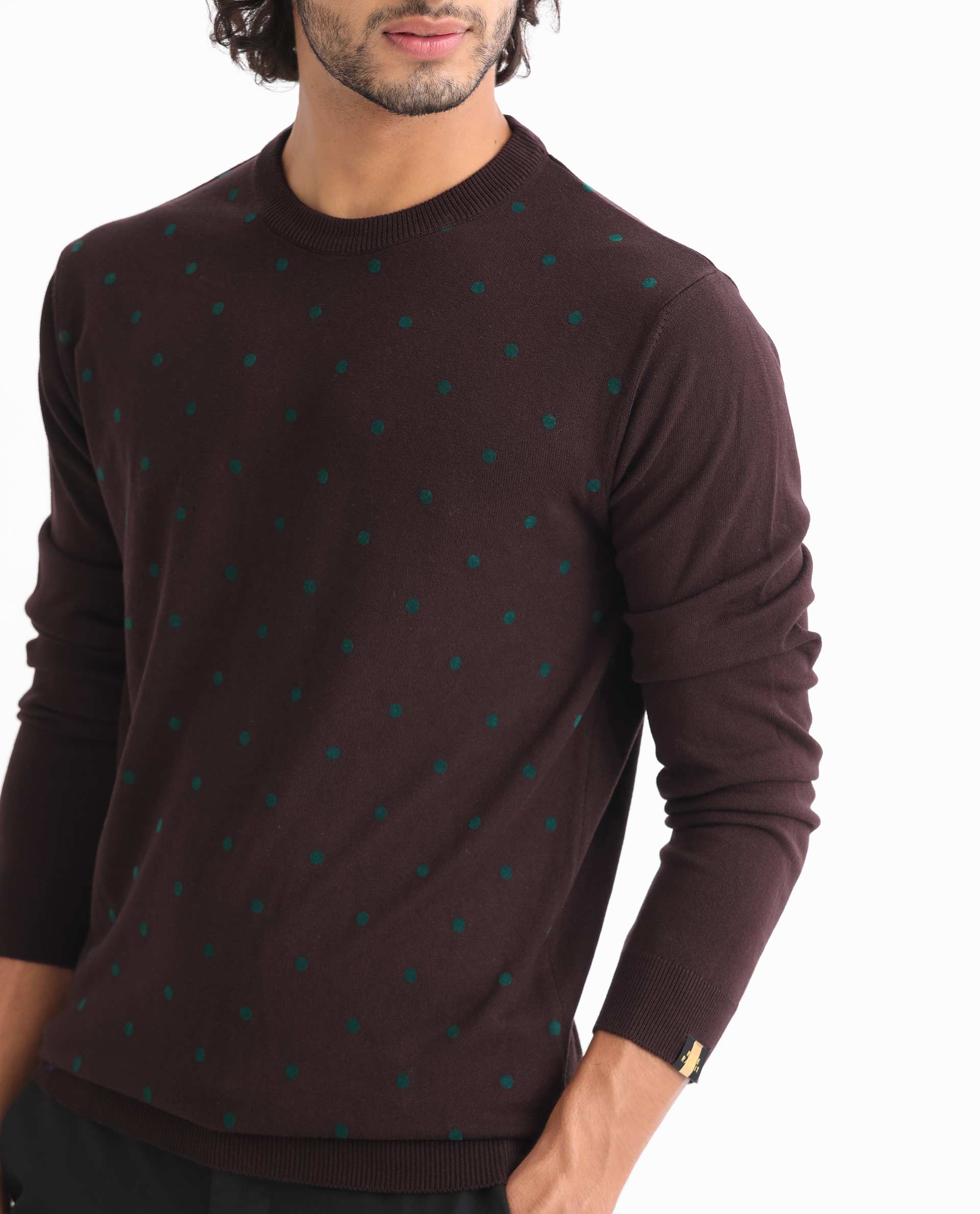 Rare Rabbit Mens Flock Maroon Viscose Nylon Fabric Crew Neck Full Sleeves Flock Printed Polka Dot Sweater