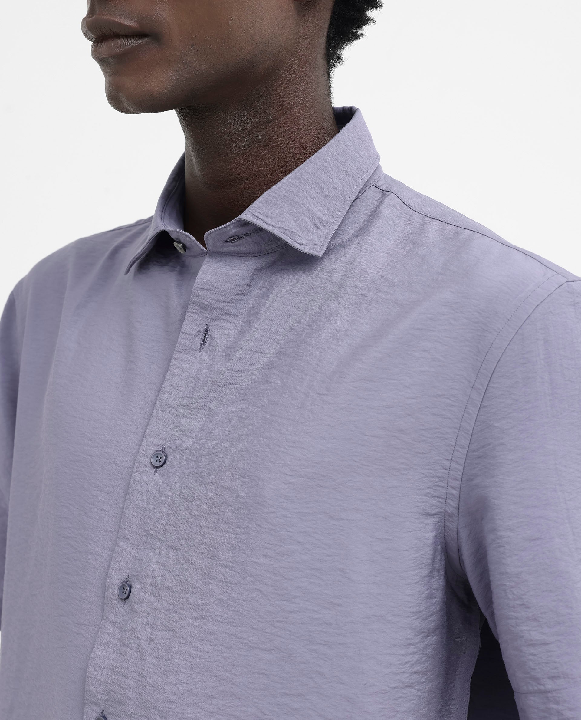 Rare Rabbit Men's Flo Dusky Purple Viscose Fabric Half Sleeves Boxy Fit Creased Effect Solid Shirt